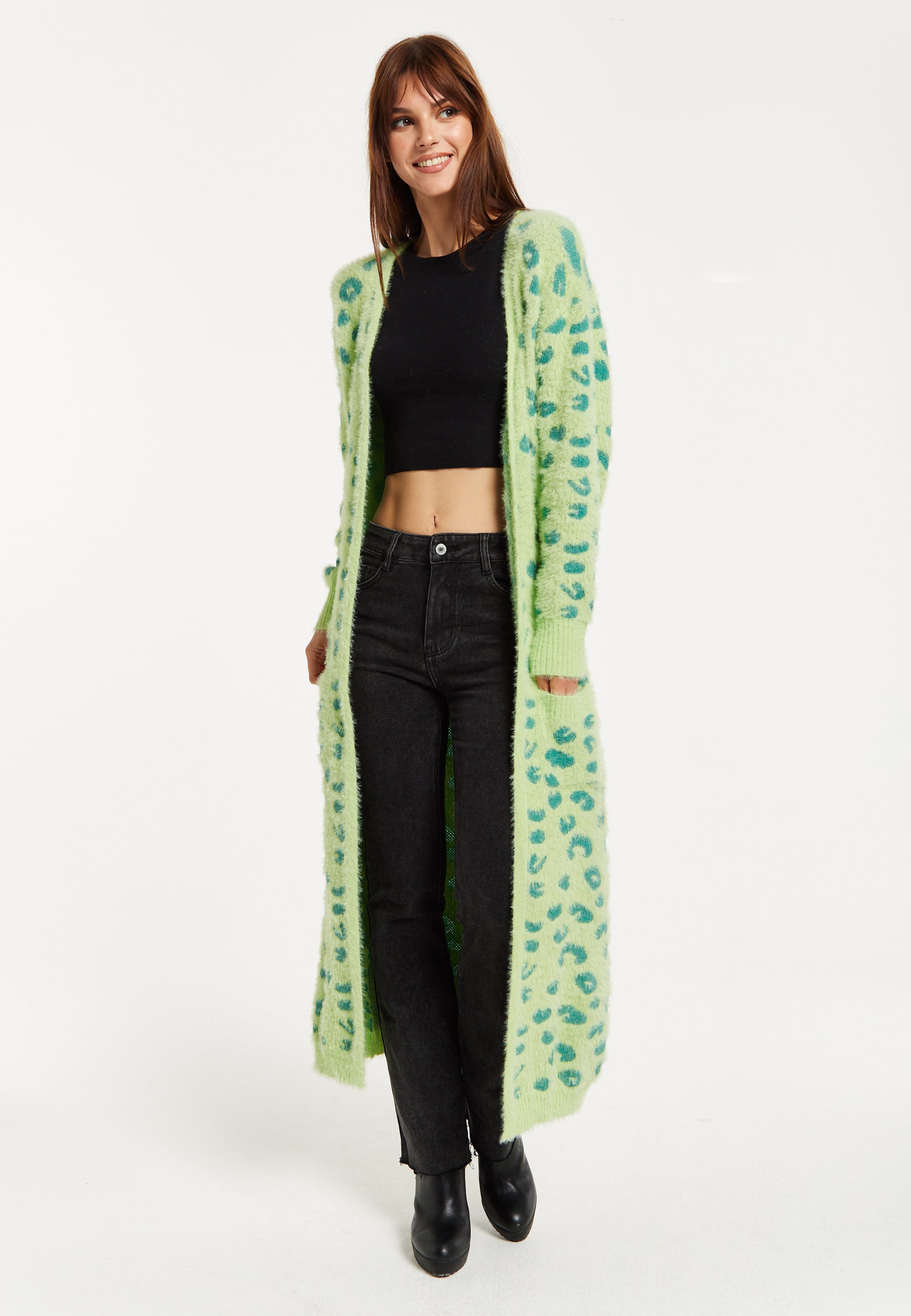 Women's Cardigan in Green Animal Print with Longline Design and Front Pockets - Liquorish