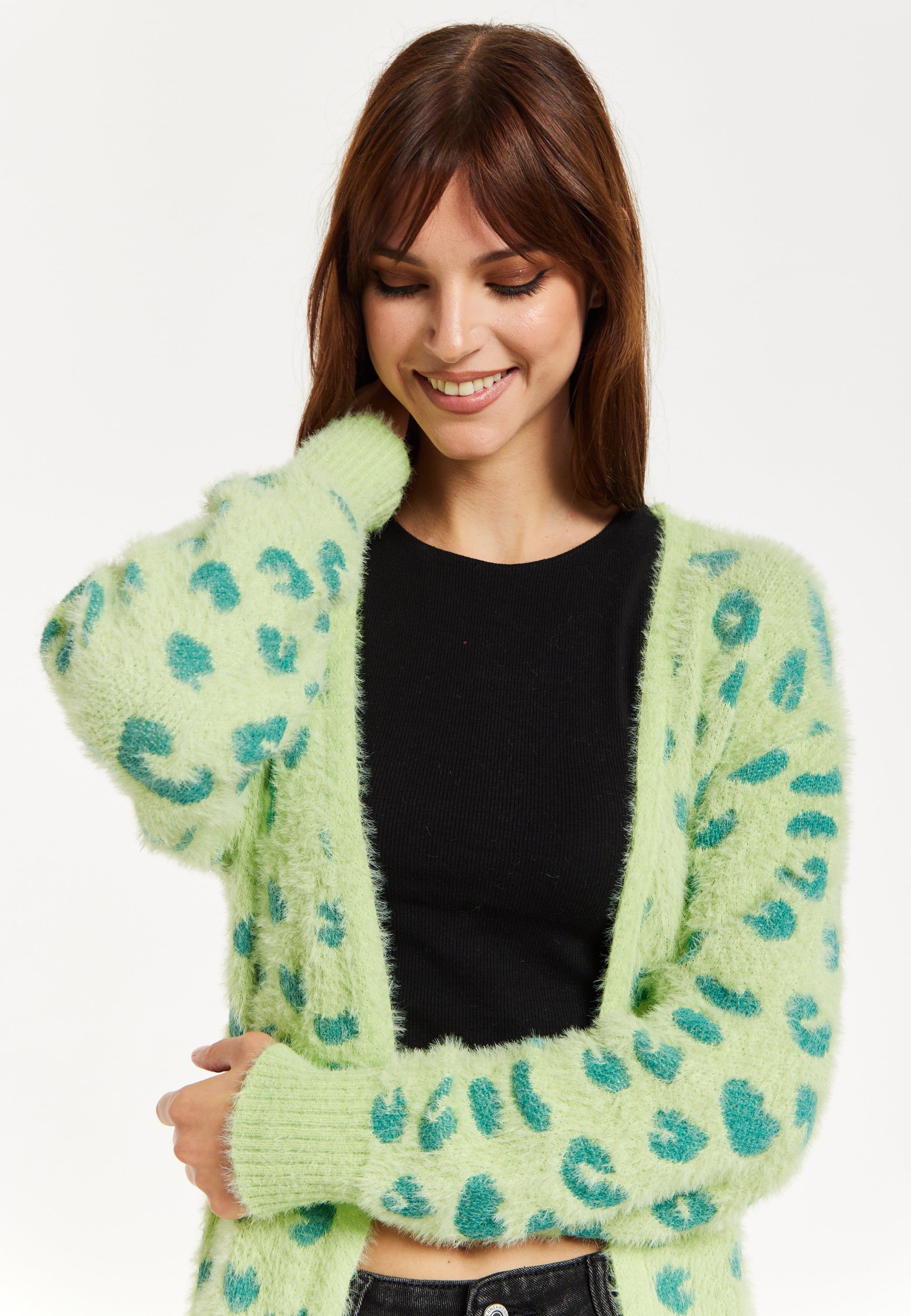 Women's Cardigan in Green Animal Print with Longline Design and Front Pockets - Liquorish