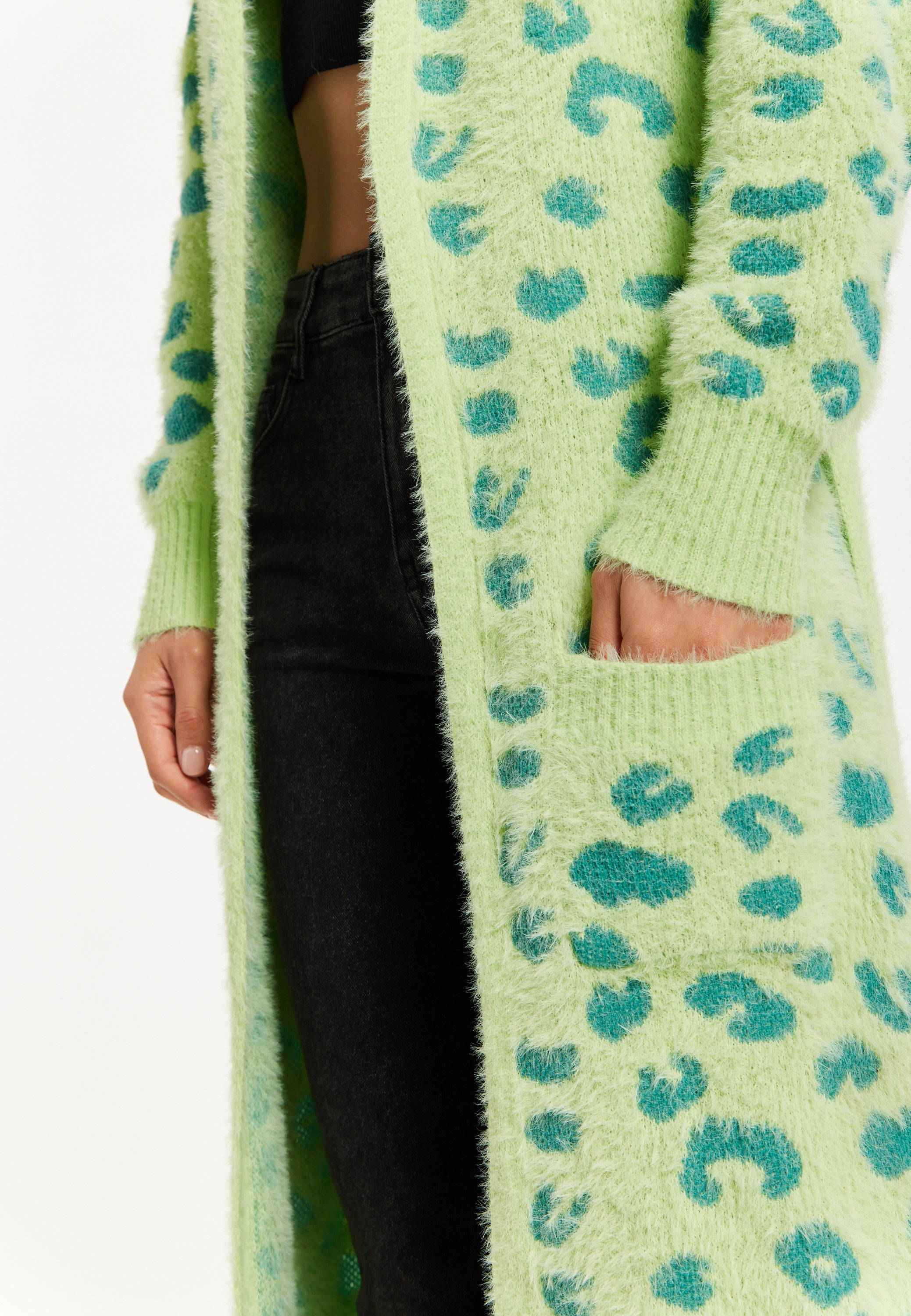 Women's Cardigan in Green Animal Print with Longline Design and Front Pockets - Liquorish