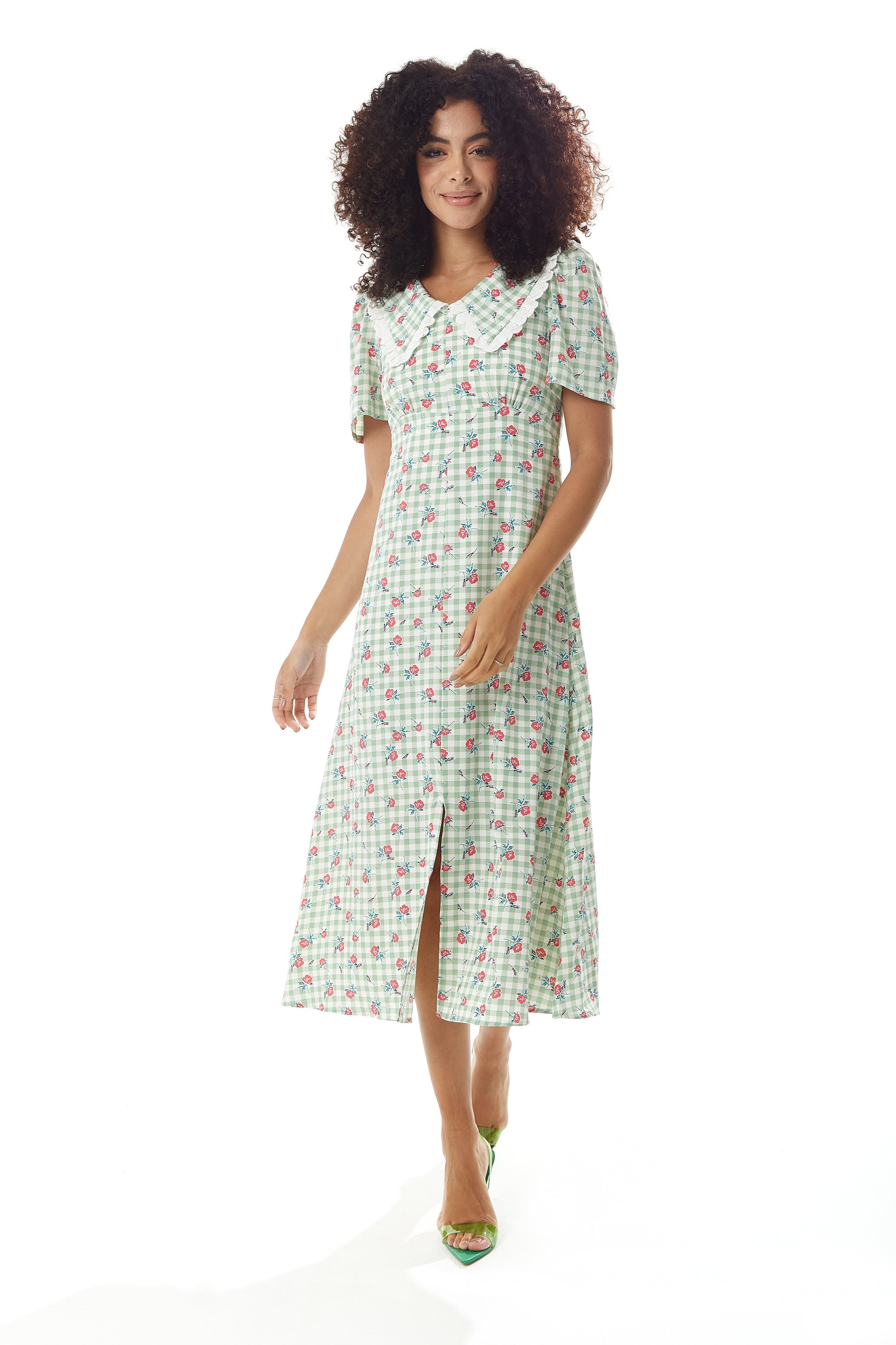 Women's Midi Dress in Green and White Gingham with Floral Print, Short Sleeves and Lace Collar - Liquorish