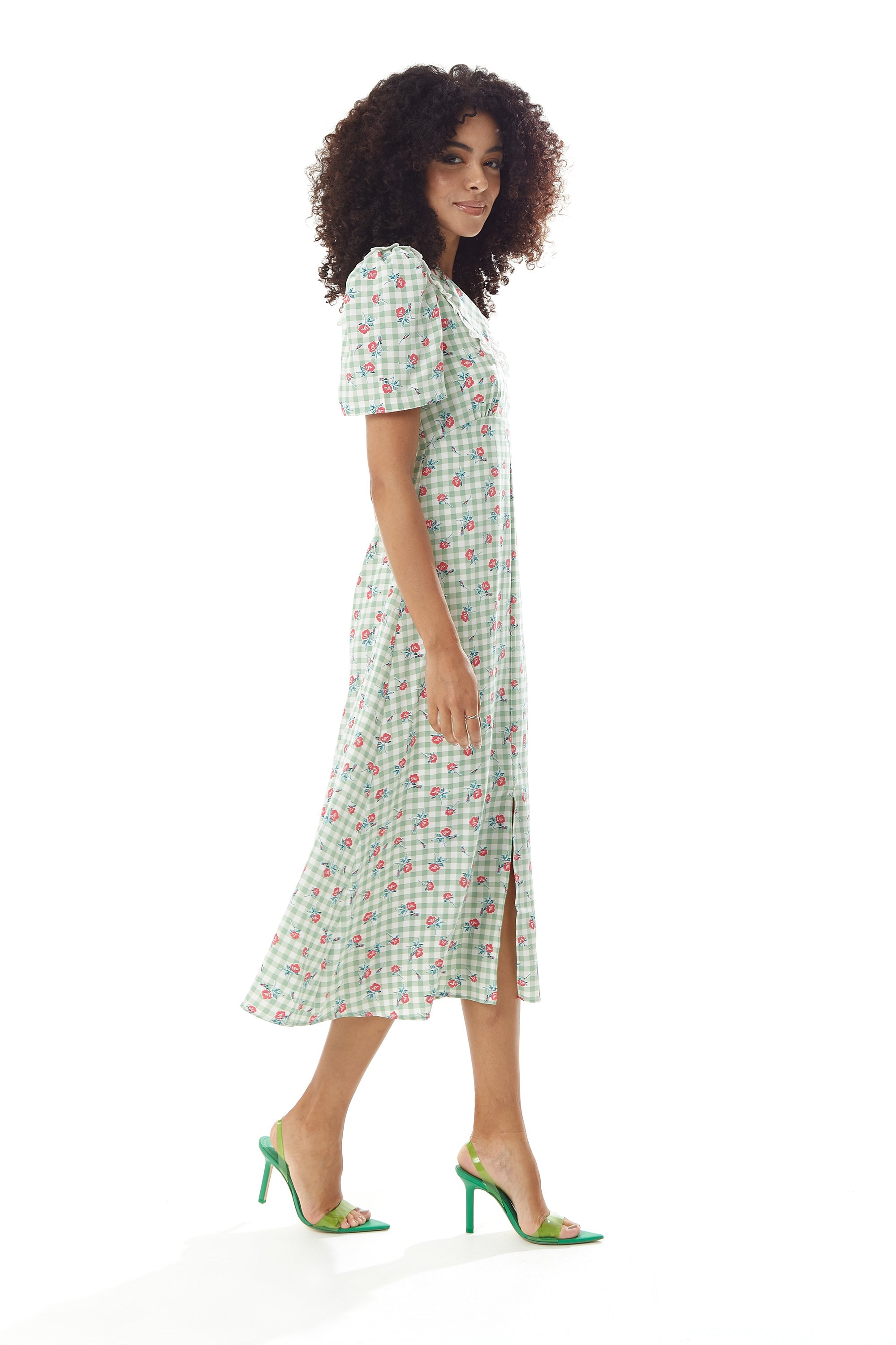Women's Midi Dress in Green and White Gingham with Floral Print, Short Sleeves and Lace Collar - Liquorish