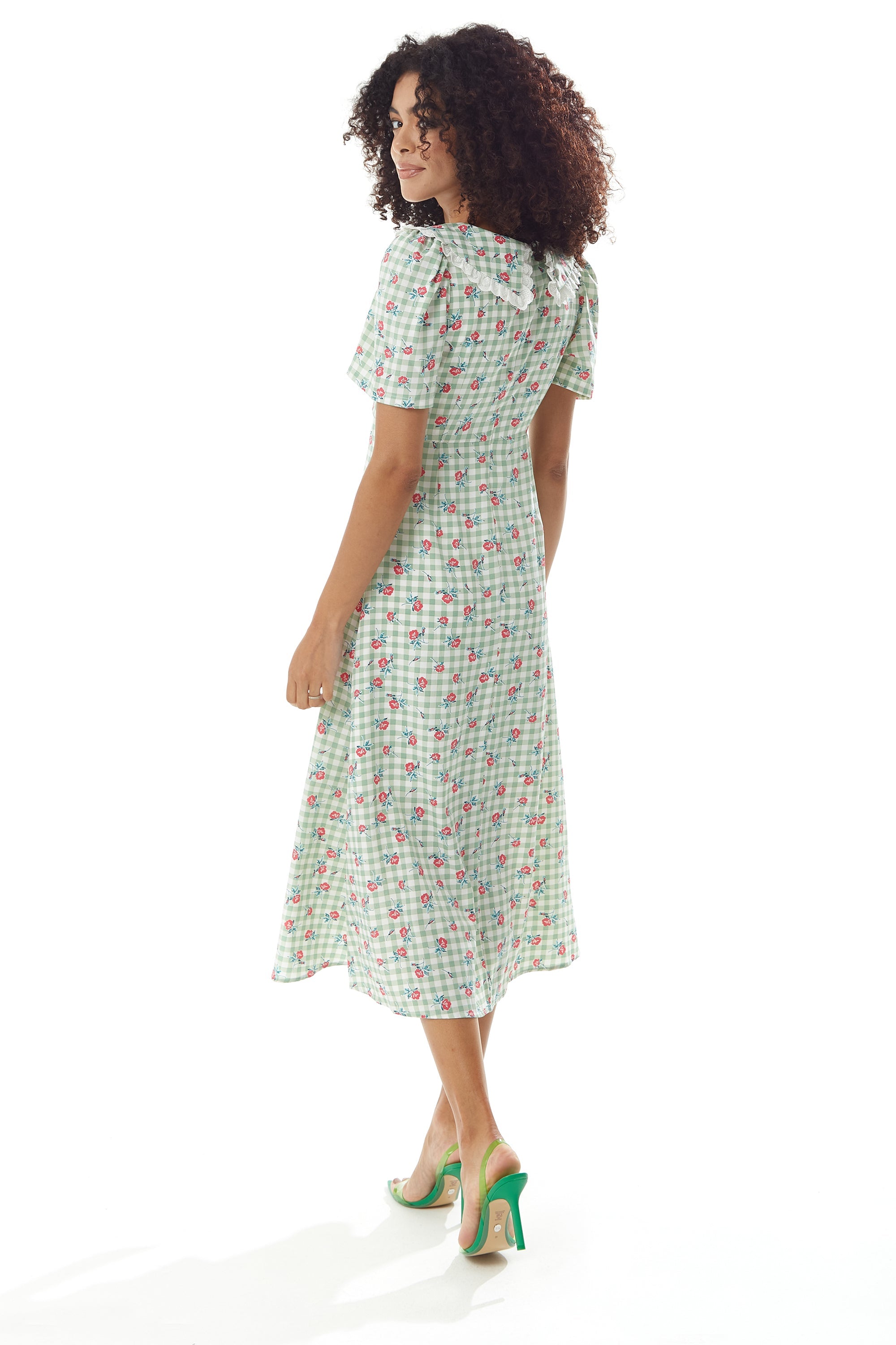 Women's Midi Dress in Green and White Gingham with Floral Print, Short Sleeves and Lace Collar - Liquorish