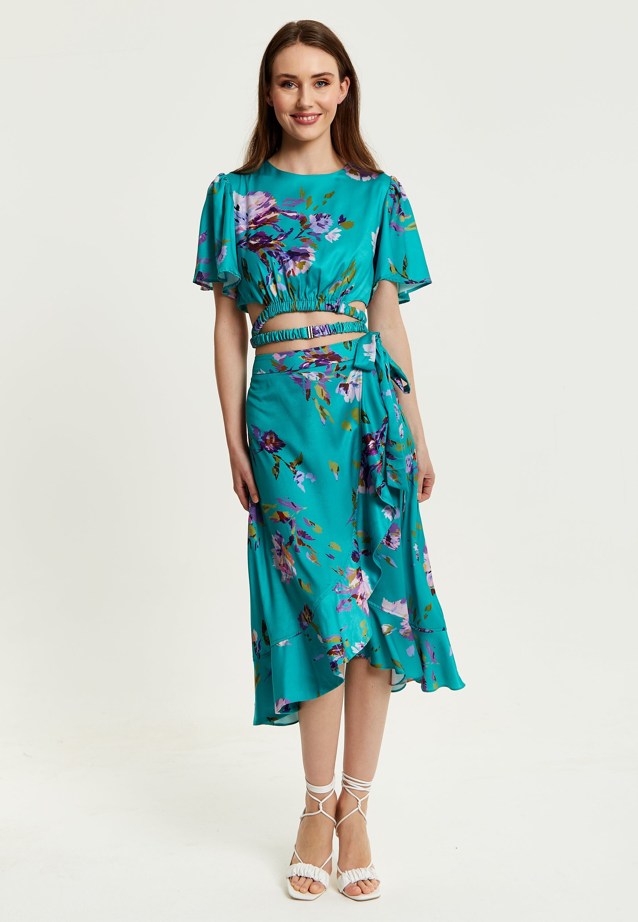 Women's Green Floral Print Midi Wrap Skirt with Frill Details and Elasticated Waist - Liquorish