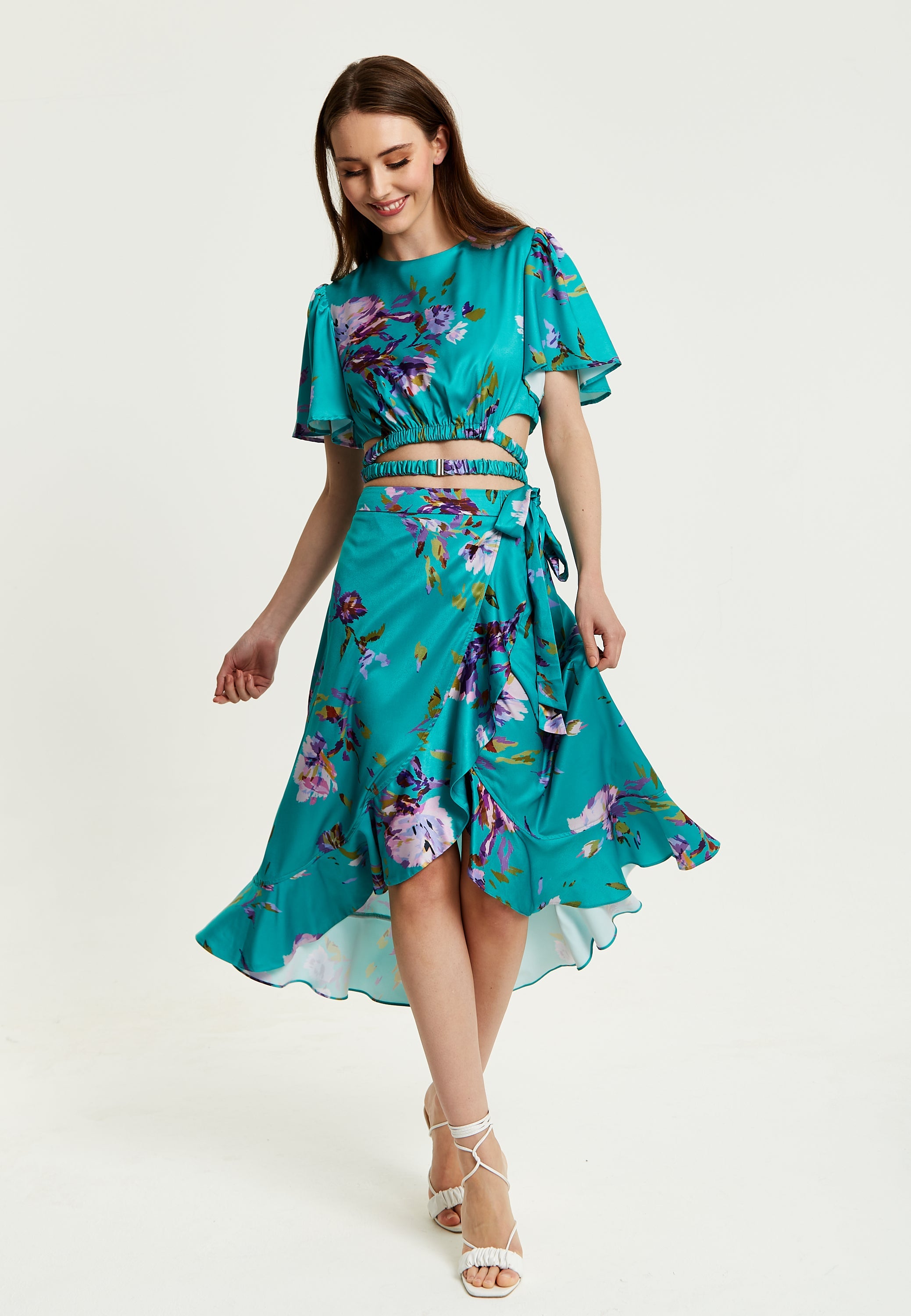 Women's Green Floral Print Midi Wrap Skirt with Frill Details and Elasticated Waist - Liquorish