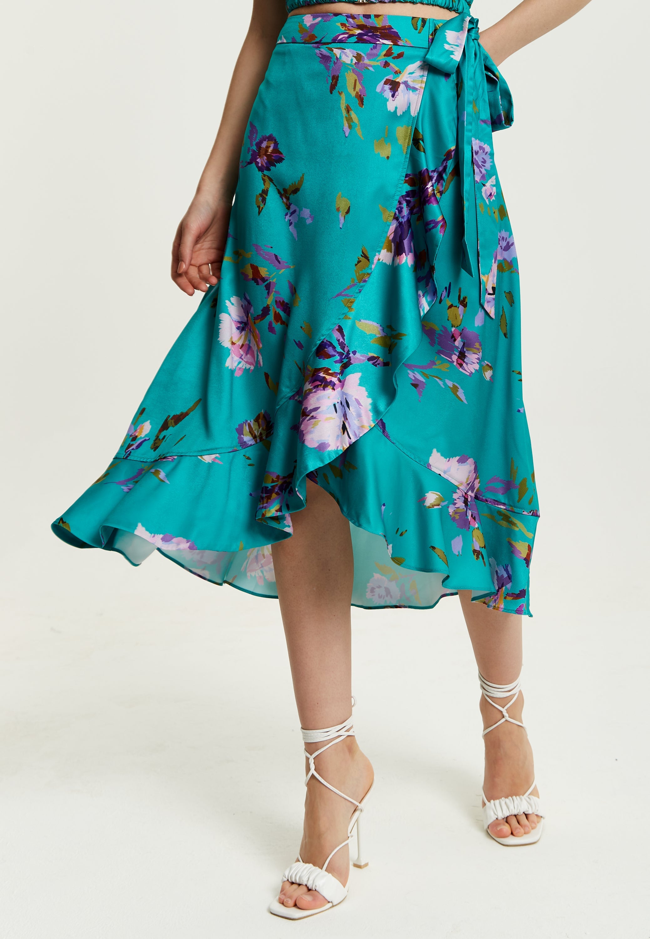 Women's Green Floral Print Midi Wrap Skirt with Frill Details and Elasticated Waist - Liquorish