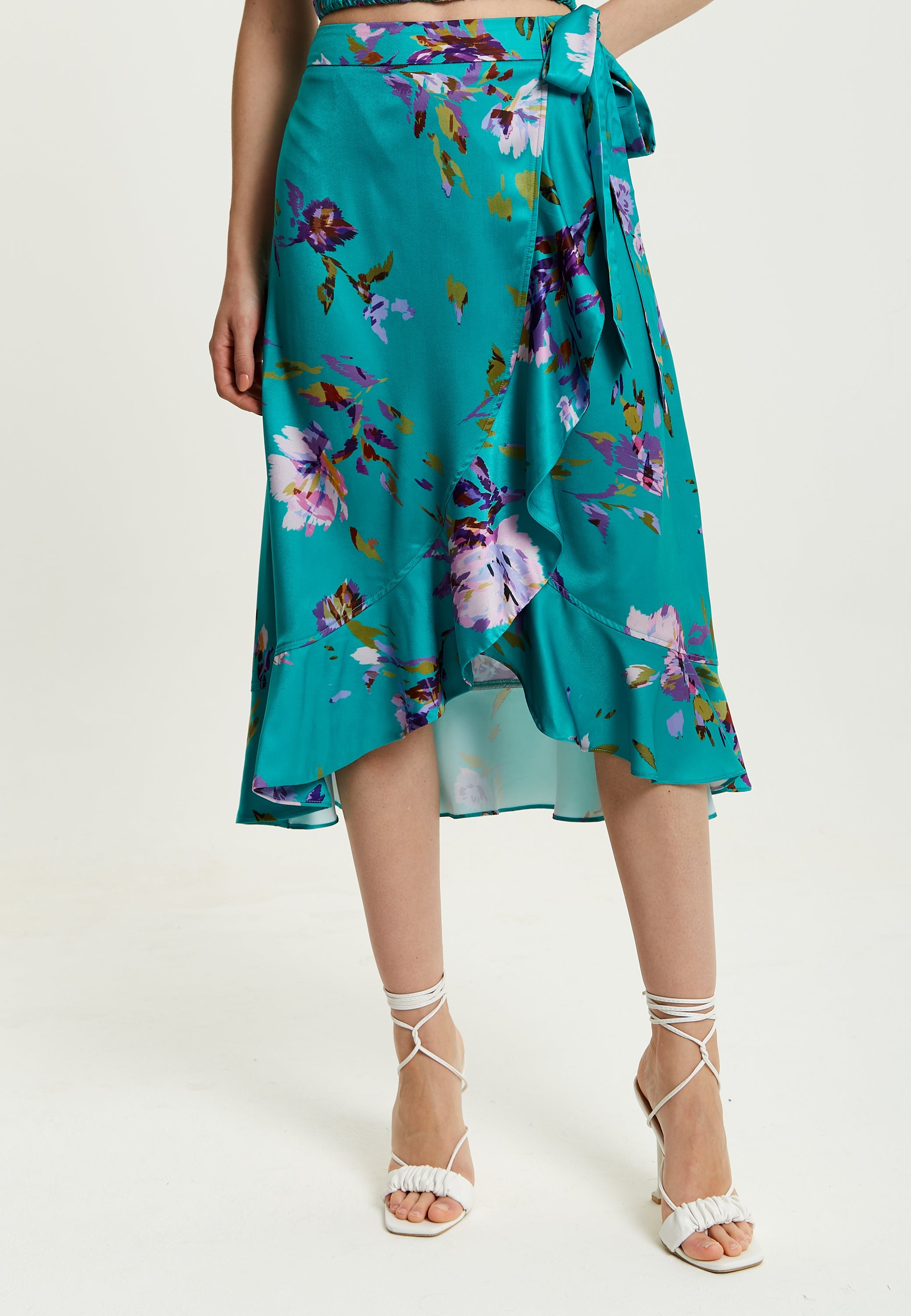 Women's Green Floral Print Midi Wrap Skirt with Frill Details and Elasticated Waist - Liquorish