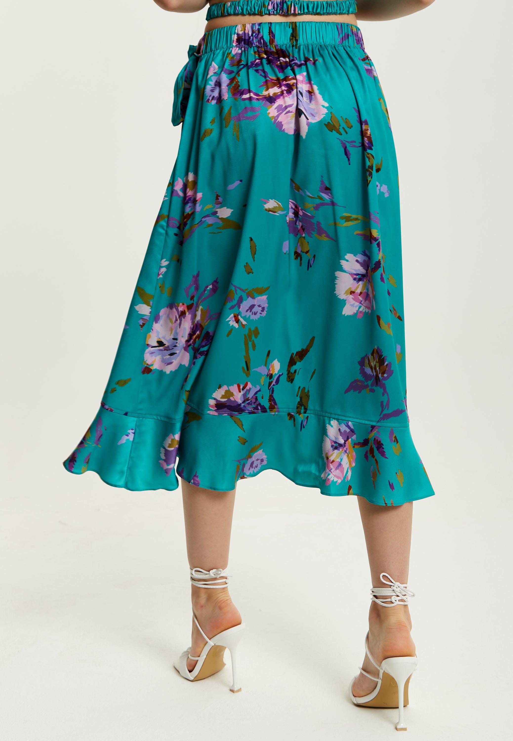 Women's Green Floral Print Midi Wrap Skirt with Frill Details and Elasticated Waist - Liquorish