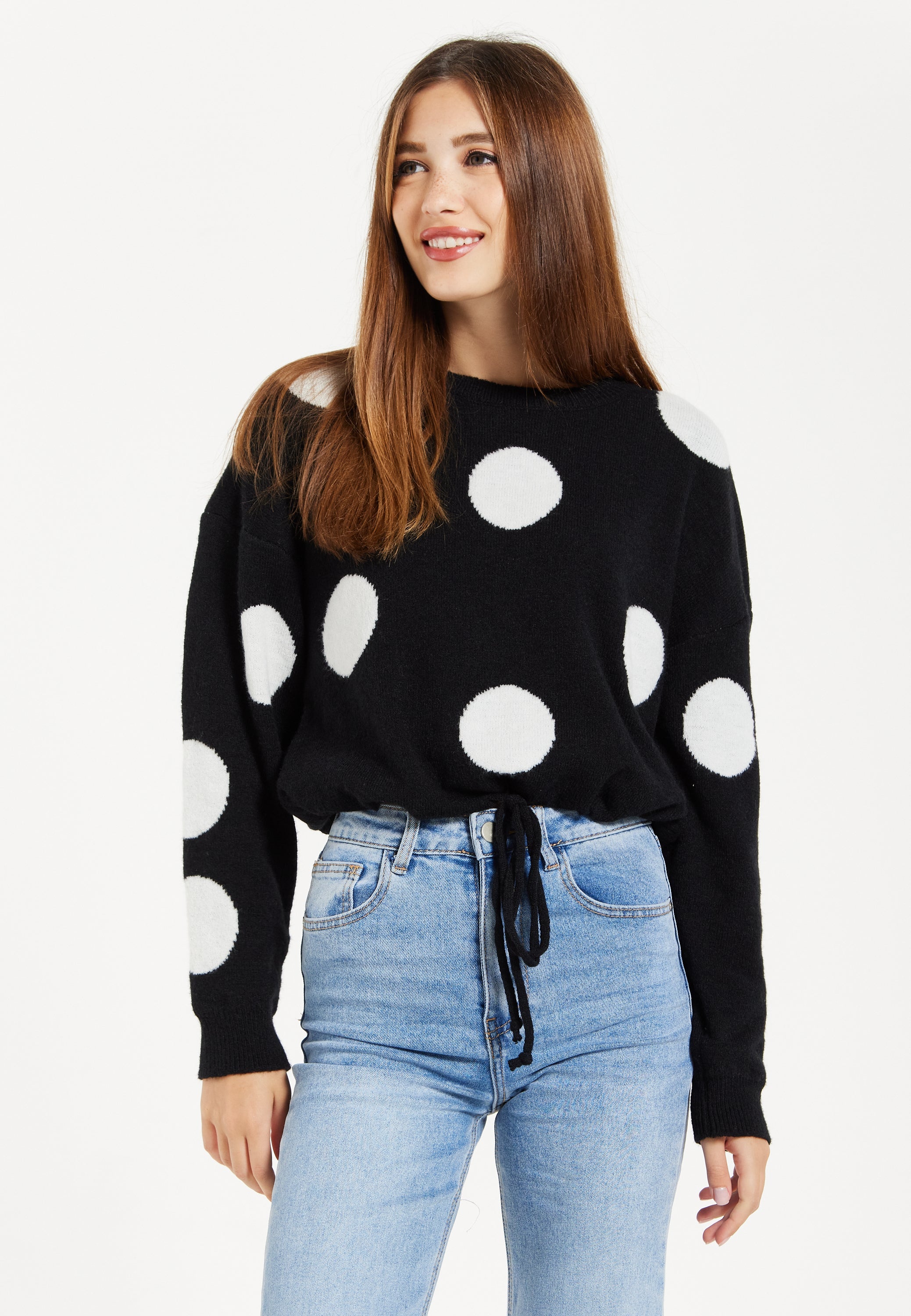 Women's Black Jumper with Long Sleeves and White Polka Dots - Adjustable Waist Tie by Liquorish