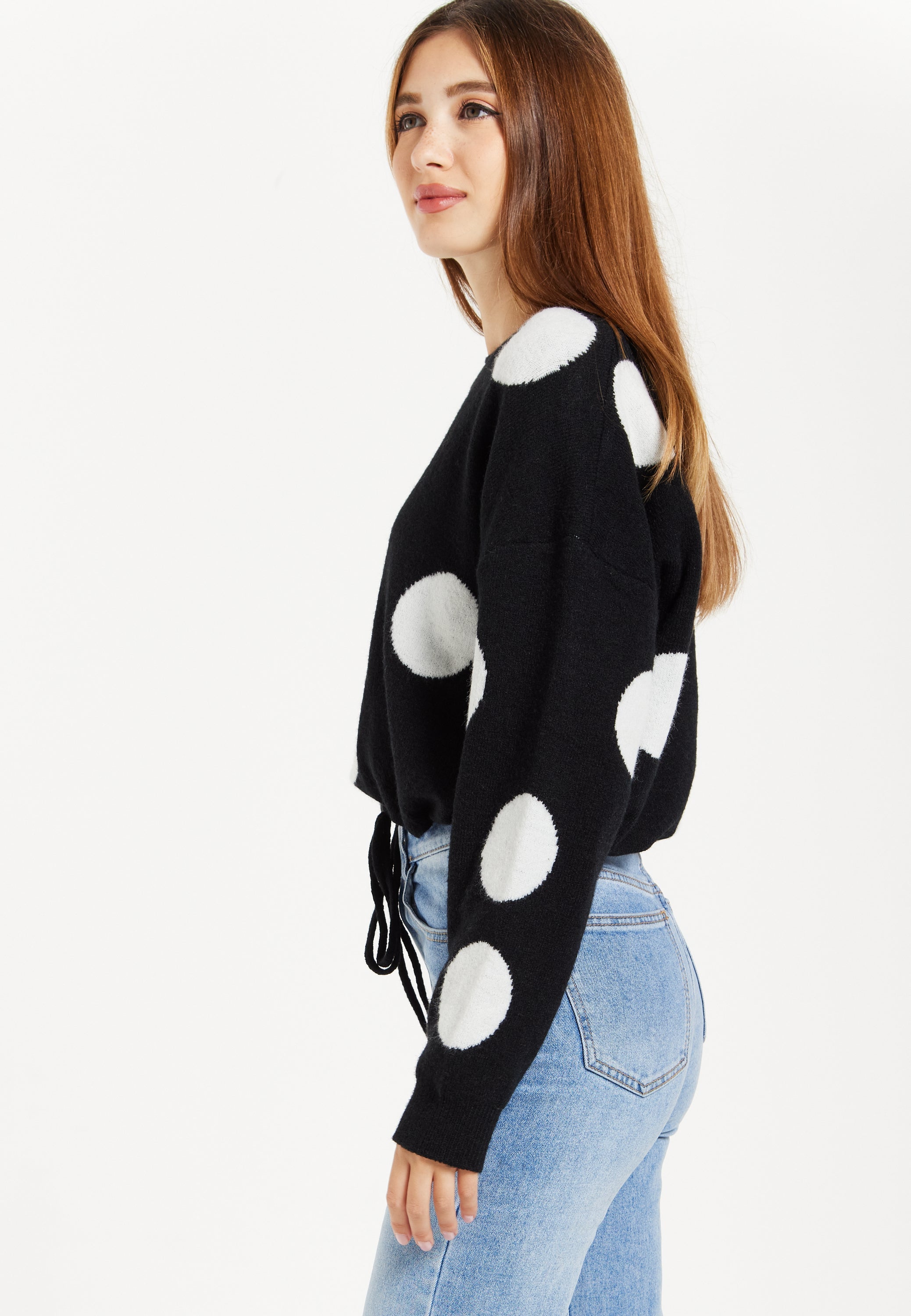 Women's Black Jumper with Long Sleeves and White Polka Dots - Adjustable Waist Tie by Liquorish