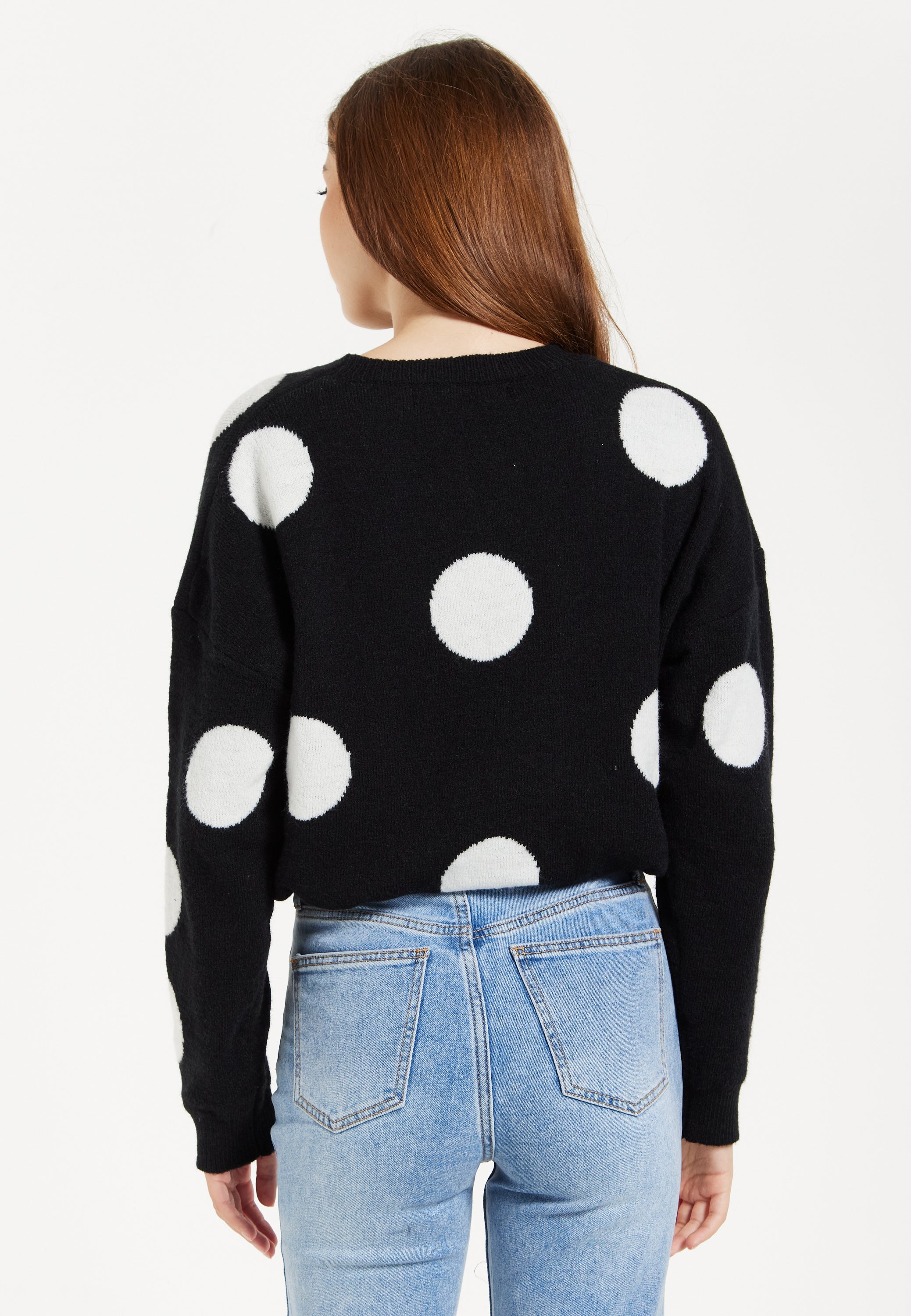 Women's Black Jumper with Long Sleeves and White Polka Dots - Adjustable Waist Tie by Liquorish