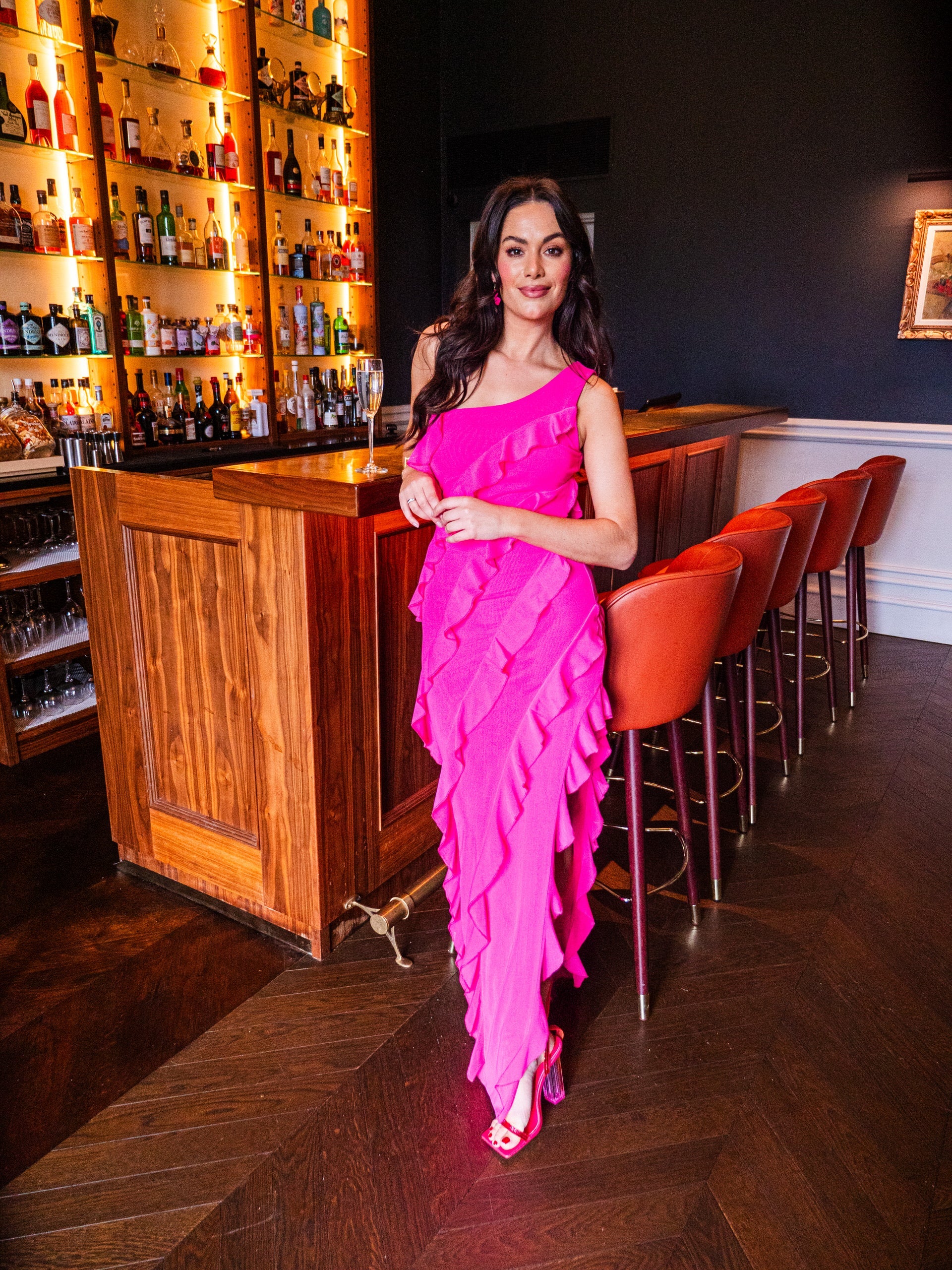 Women's Maxi Dress with One Shoulder Design and Diagonal Ruffle Detail in Pink - Liquorish