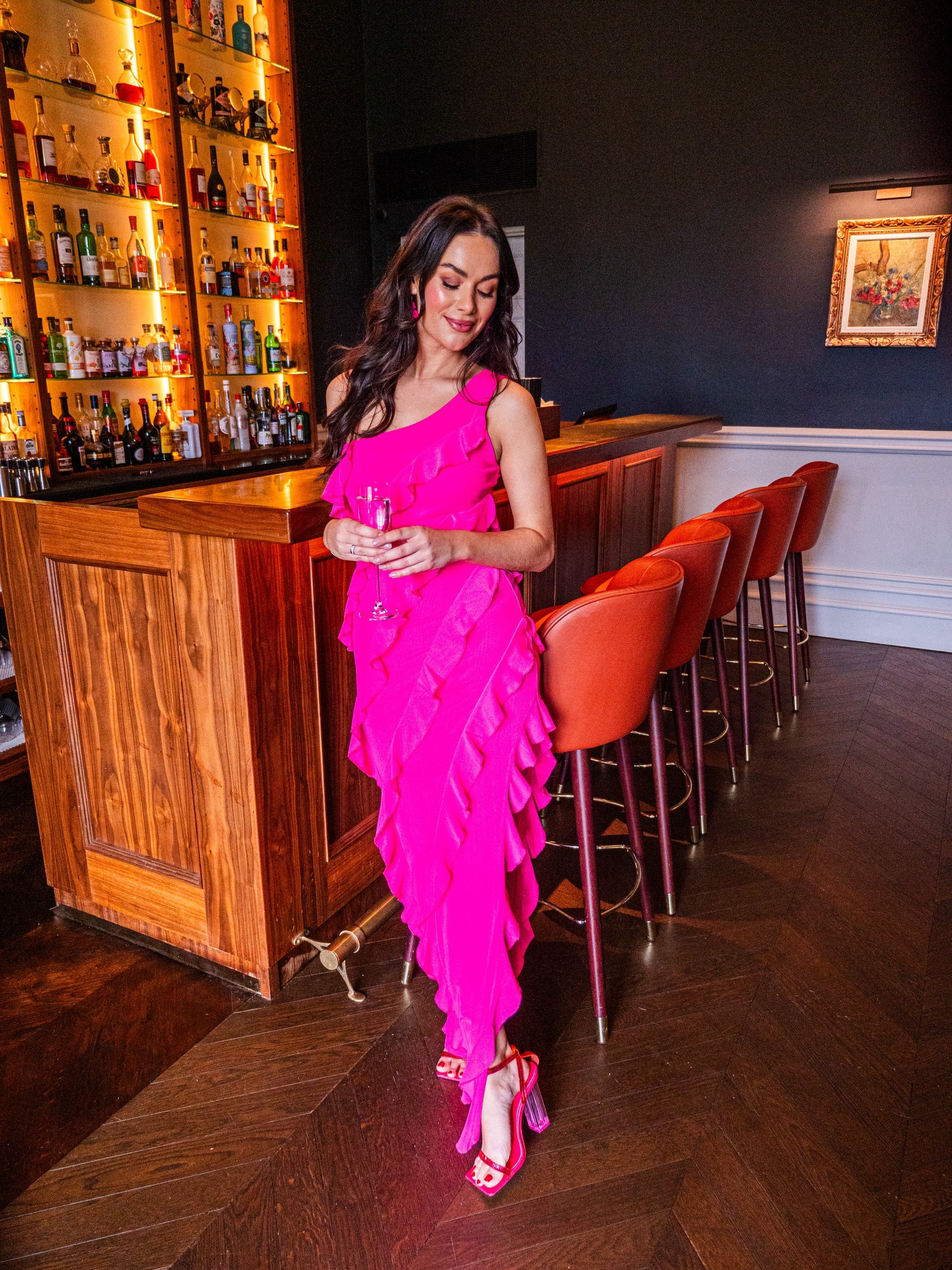 Women's Maxi Dress with One Shoulder Design and Diagonal Ruffle Detail in Pink - Liquorish