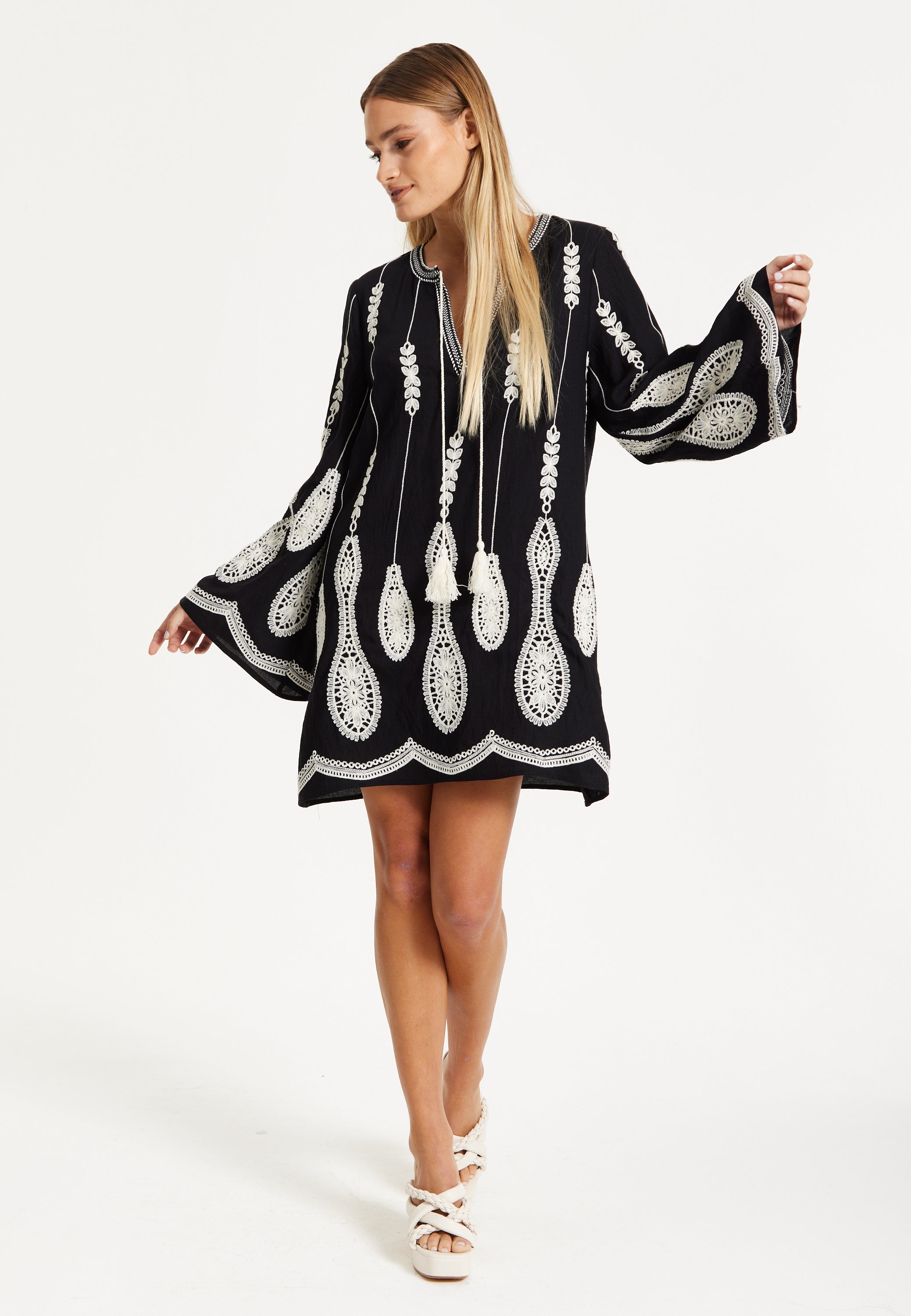 Black Embroidered Flare Sleeve Dress