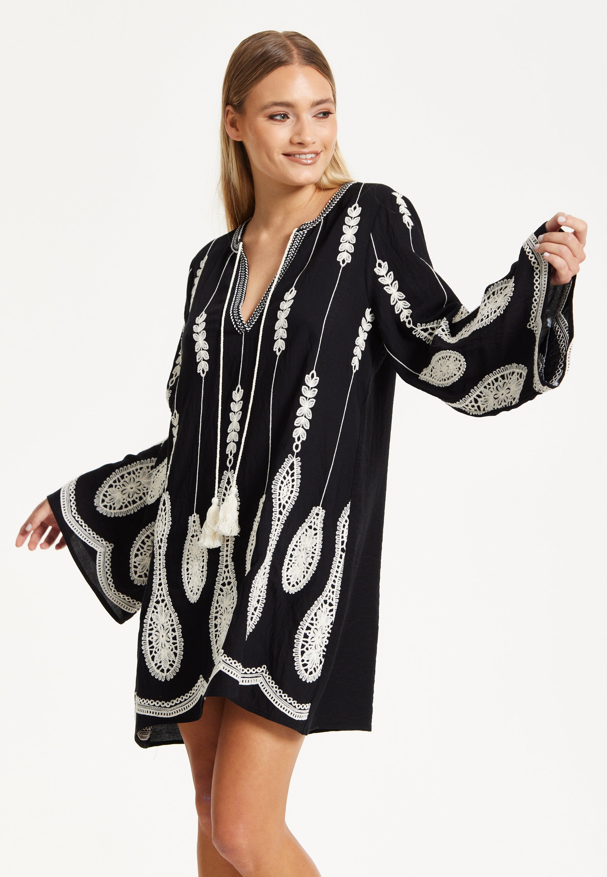 Black Embroidered Flare Sleeve Dress