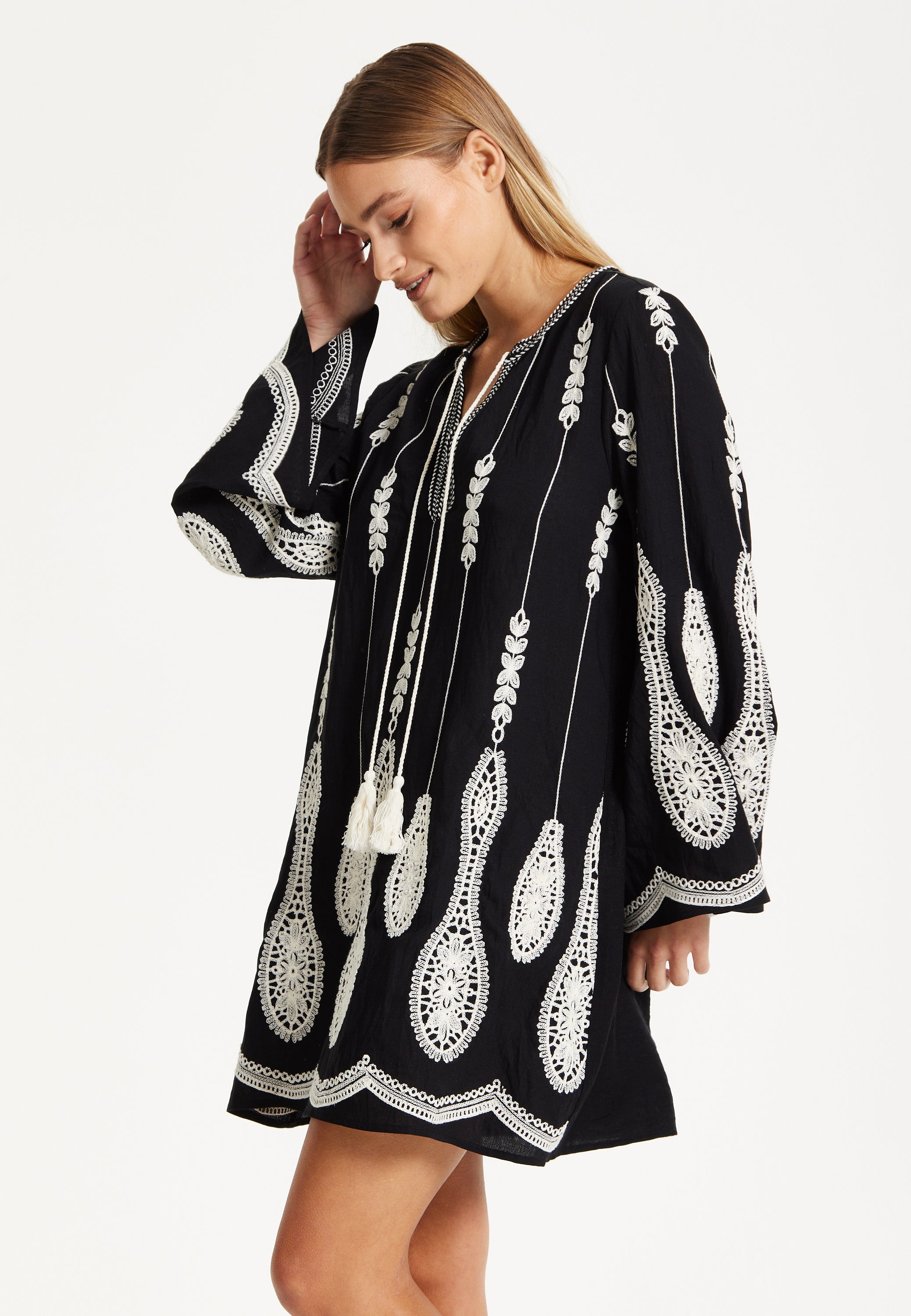 Black Embroidered Flare Sleeve Dress