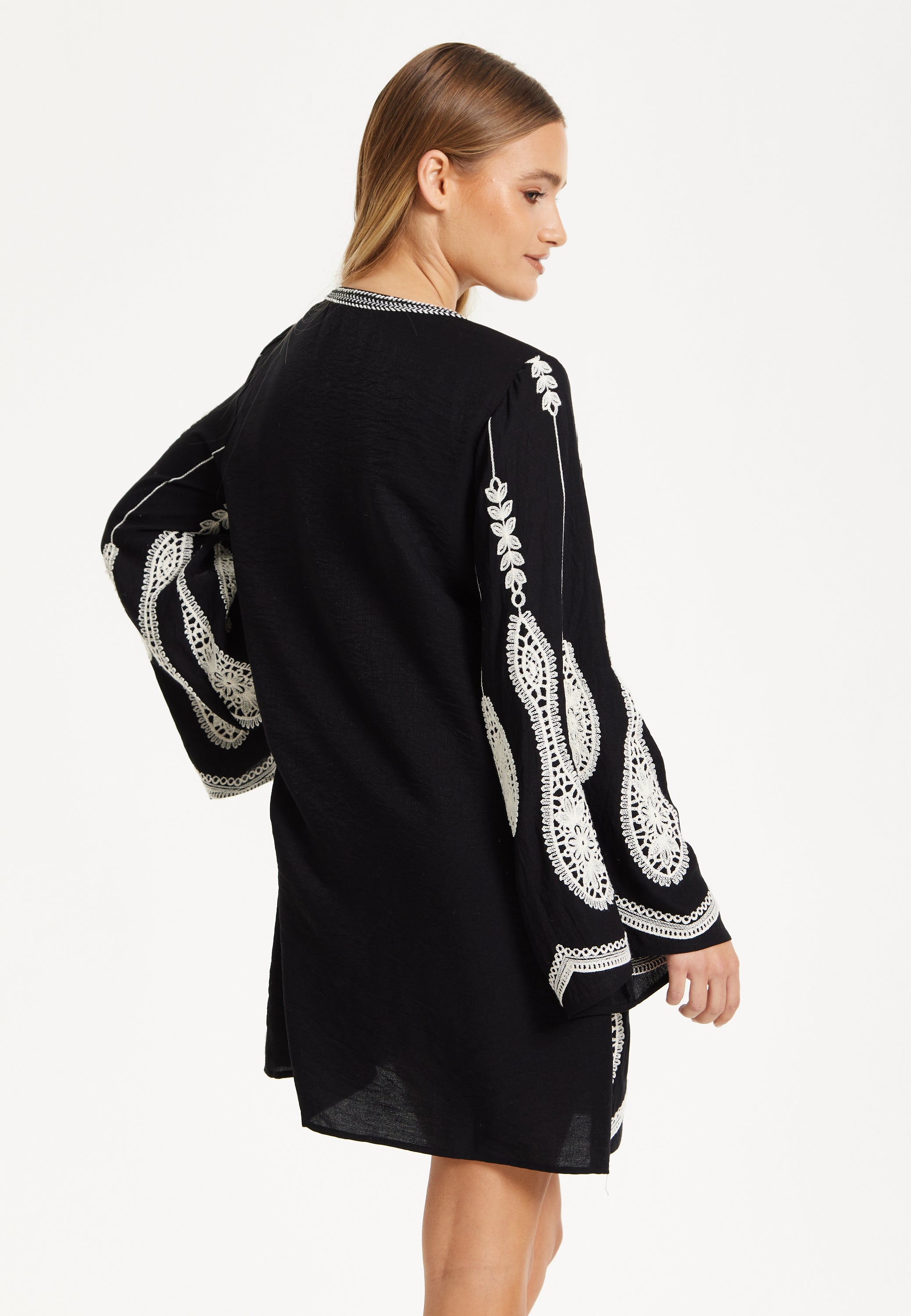 Black Embroidered Flare Sleeve Dress