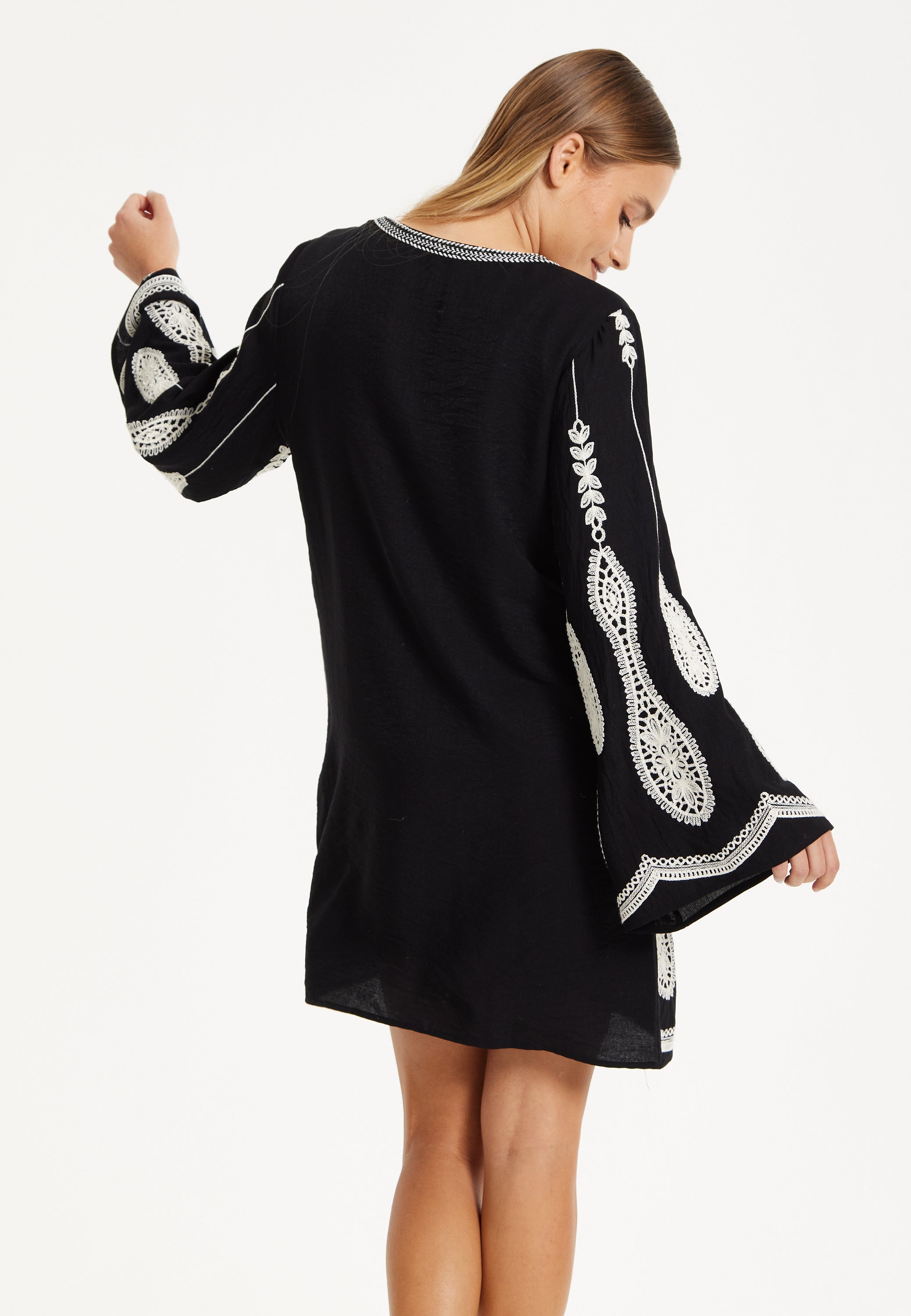 Black Embroidered Flare Sleeve Dress