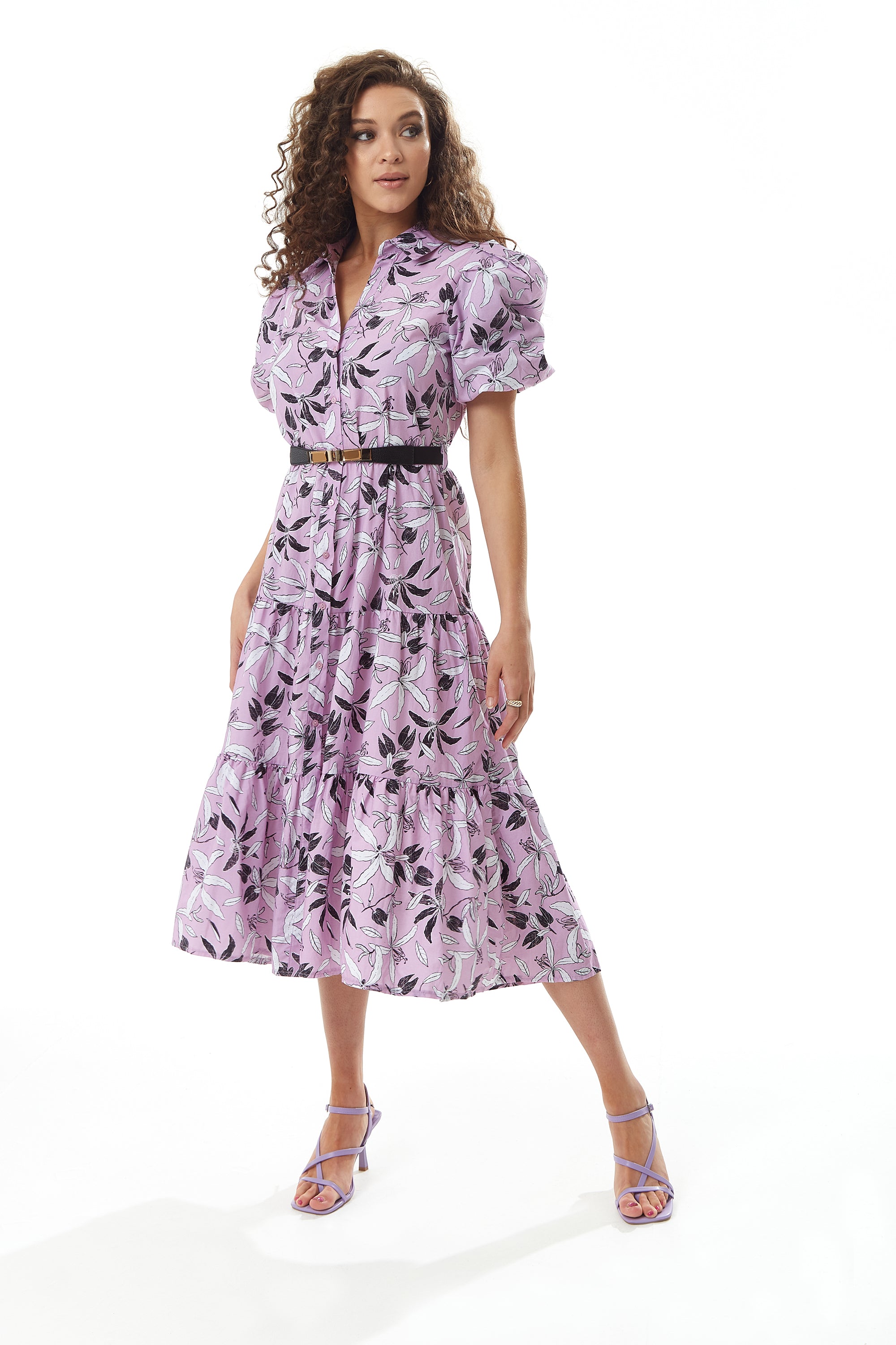 Women's Midi Dress with Balloon Sleeves in Lilac - Floral Print Button Up Style by Liquorish