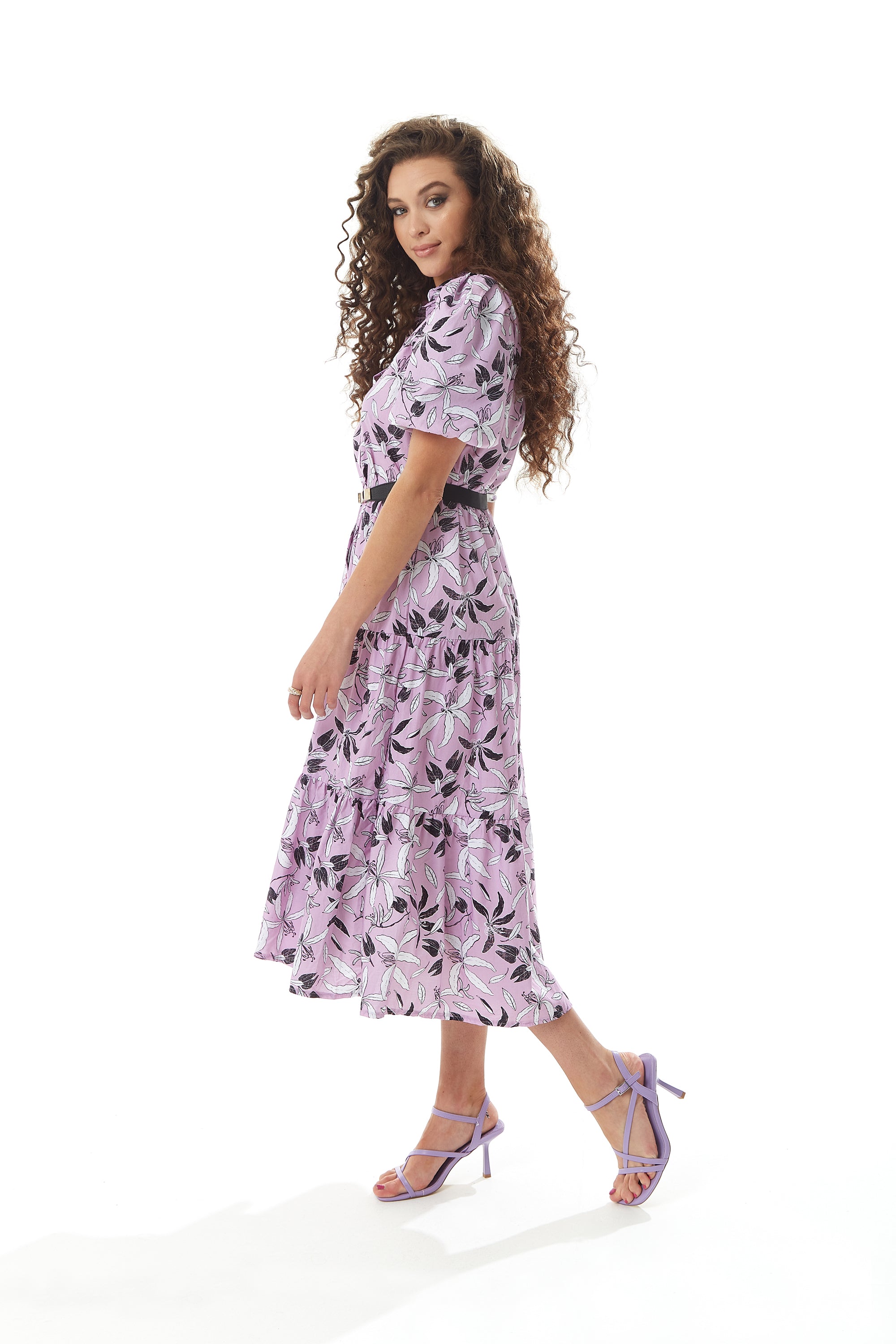 Women's Midi Dress with Balloon Sleeves in Lilac - Floral Print Button Up Style by Liquorish