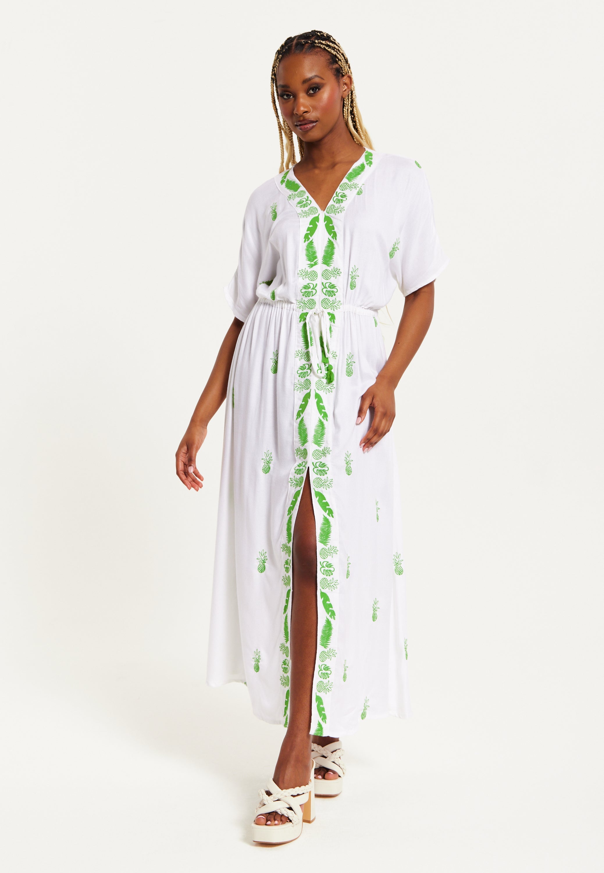 Women's Maxi Dress in White with Short Sleeves and Front Slit, Featuring Green Pineapple Embroidery - Liquorish
