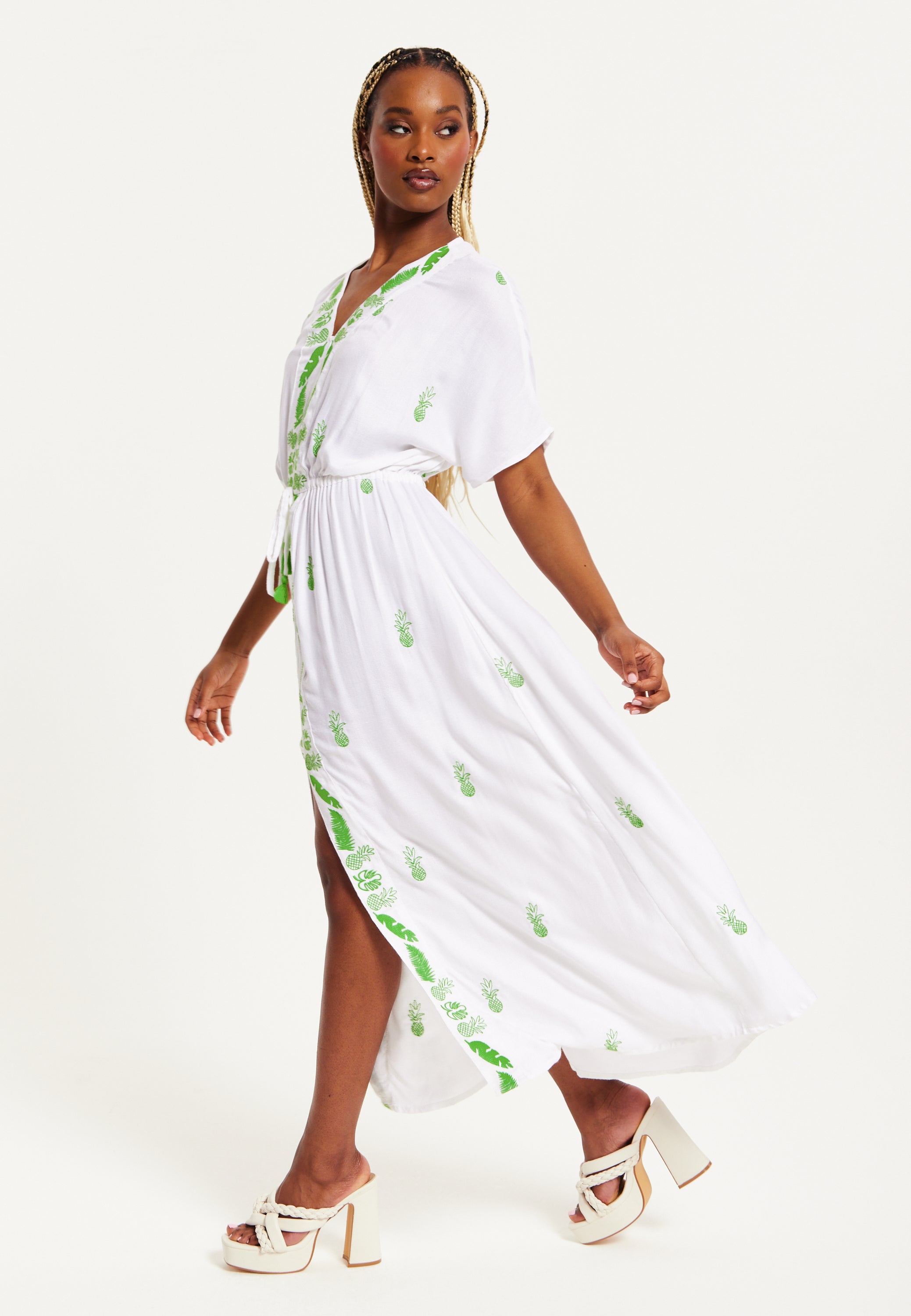 Women's Maxi Dress in White with Short Sleeves and Front Slit, Featuring Green Pineapple Embroidery - Liquorish
