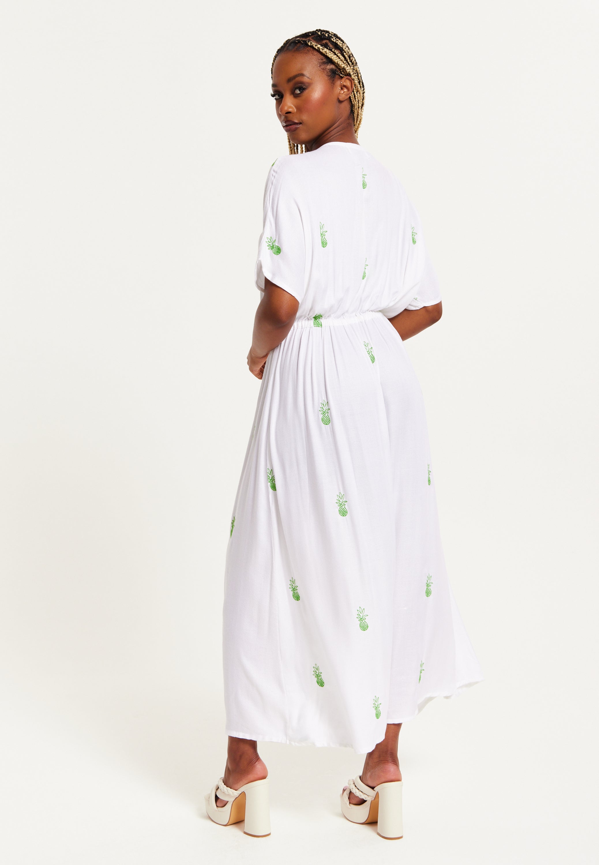 Women's Maxi Dress in White with Short Sleeves and Front Slit, Featuring Green Pineapple Embroidery - Liquorish