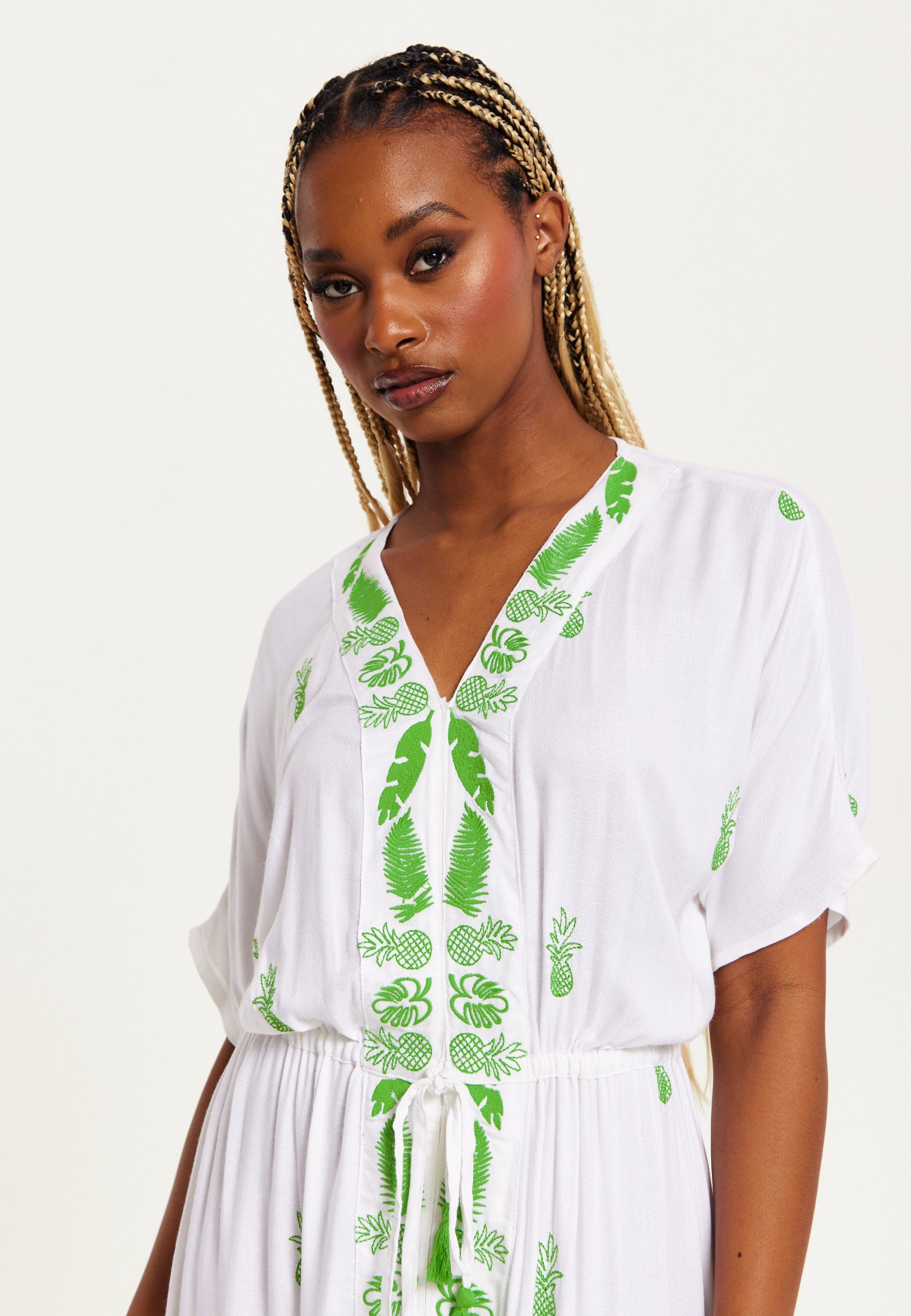 Women's Maxi Dress in White with Short Sleeves and Front Slit, Featuring Green Pineapple Embroidery - Liquorish