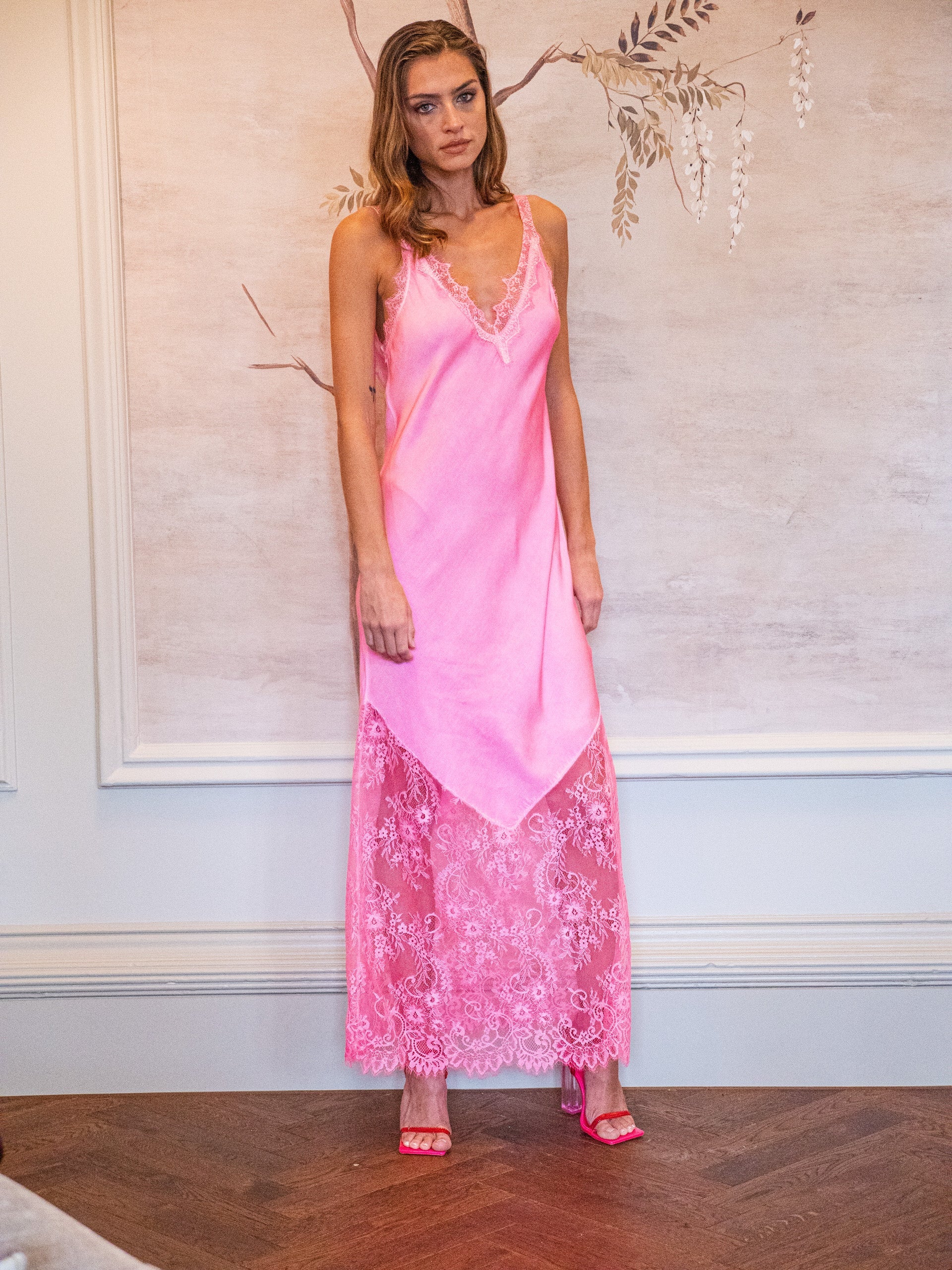 Women's Maxi Dress in Pink, Lace Detailed V-Neck, Sleeveless Design, Effortless Elegance by Liquorish