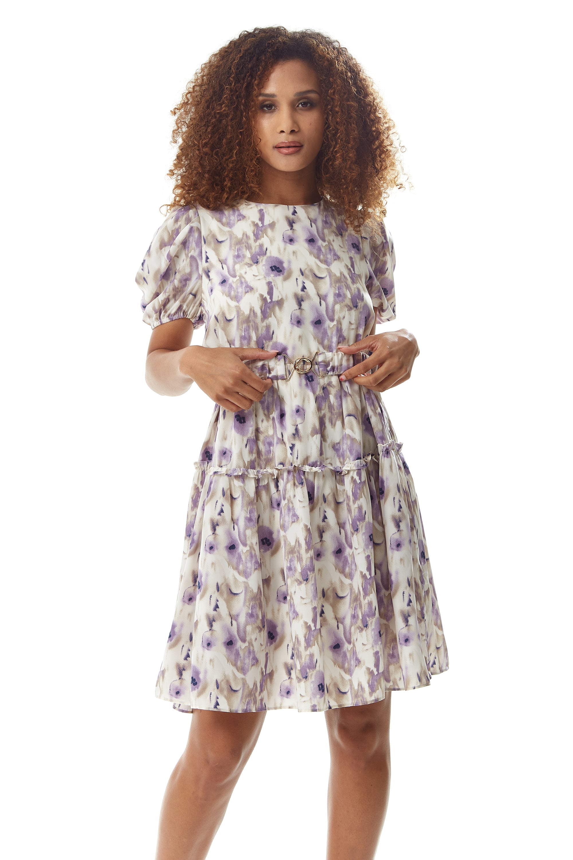 Women's Mini Dress in Lilac Floral with Short Sleeves and Matching Belt - Elegant Style by Liquorish