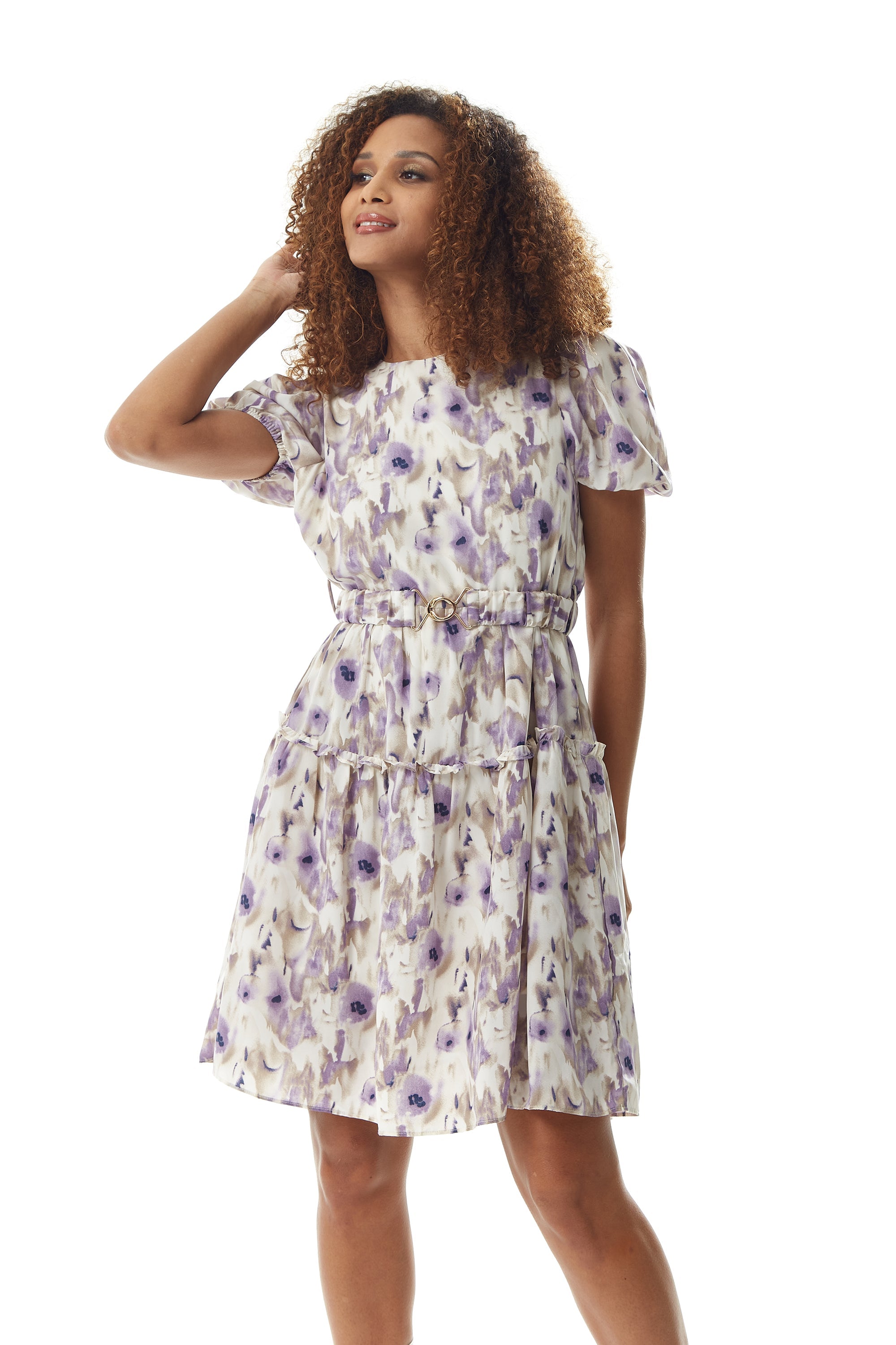 Women's Mini Dress in Lilac Floral with Short Sleeves and Matching Belt - Elegant Style by Liquorish