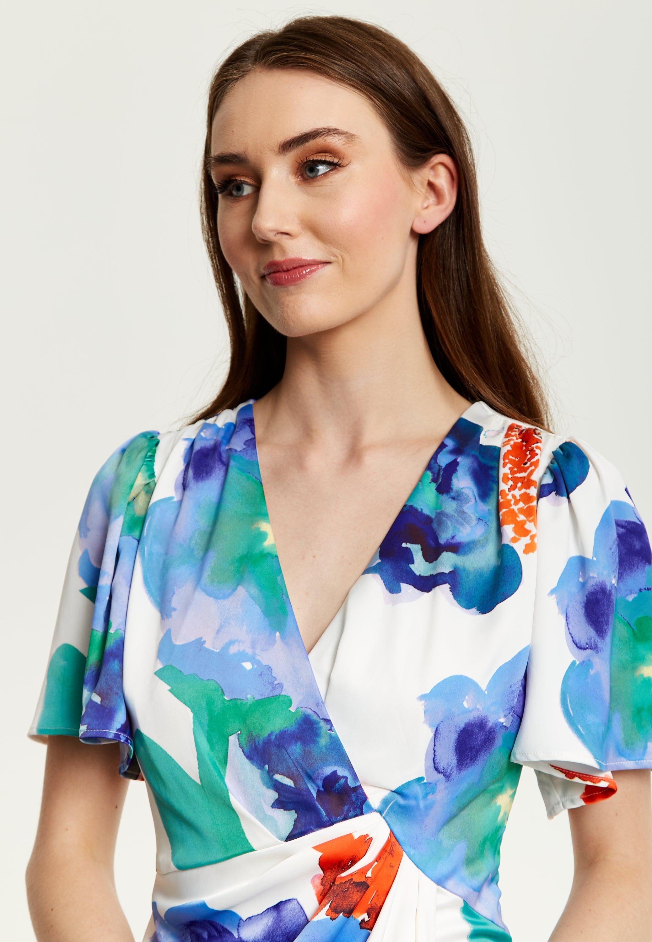 Women's Midi Wrap Dress - White Floral Print with Short Sleeves, Front Slit & Flattering Fit - Liquorish