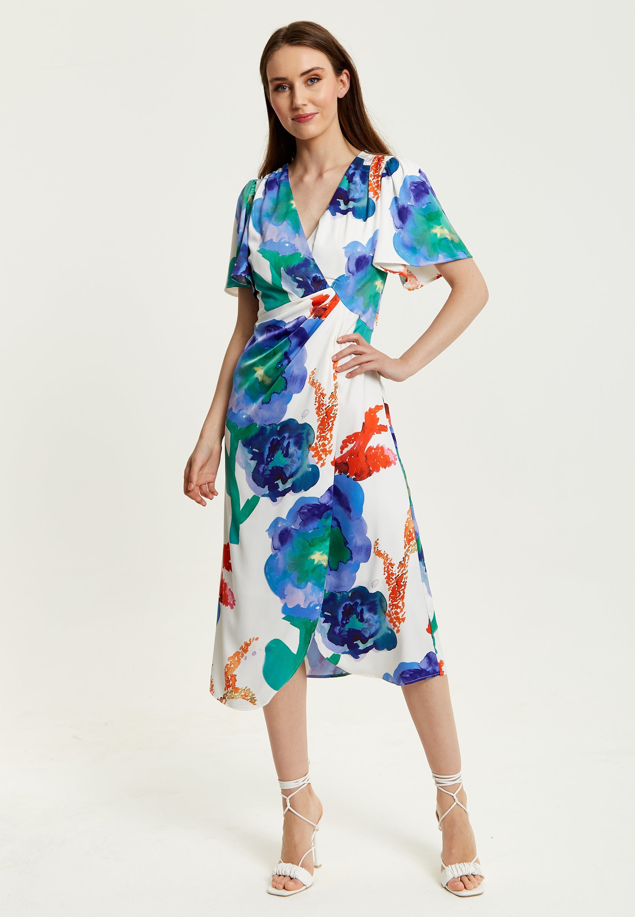Women's Midi Wrap Dress - White Floral Print with Short Sleeves, Front Slit & Flattering Fit - Liquorish