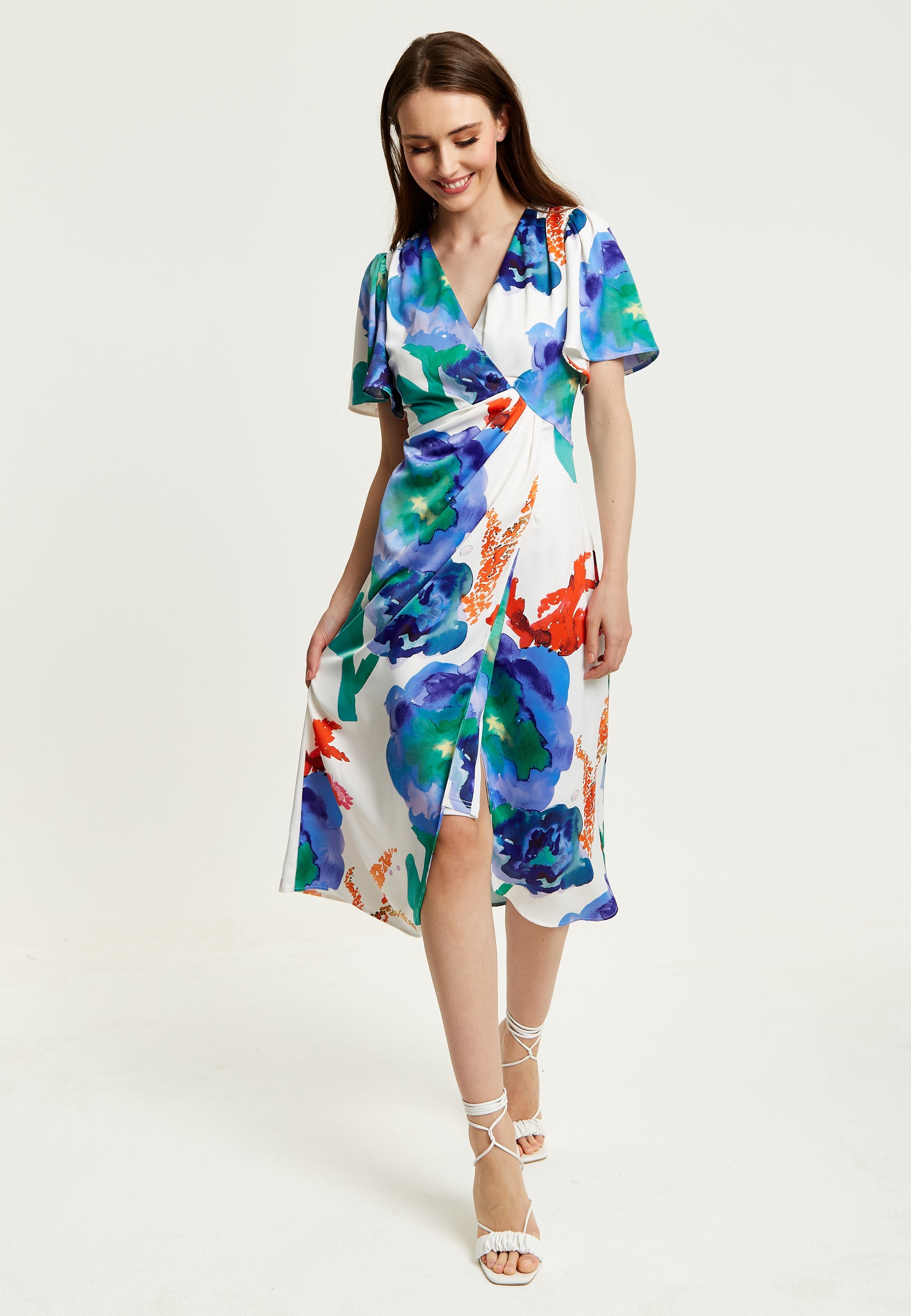 Women's Midi Wrap Dress - White Floral Print with Short Sleeves, Front Slit & Flattering Fit - Liquorish