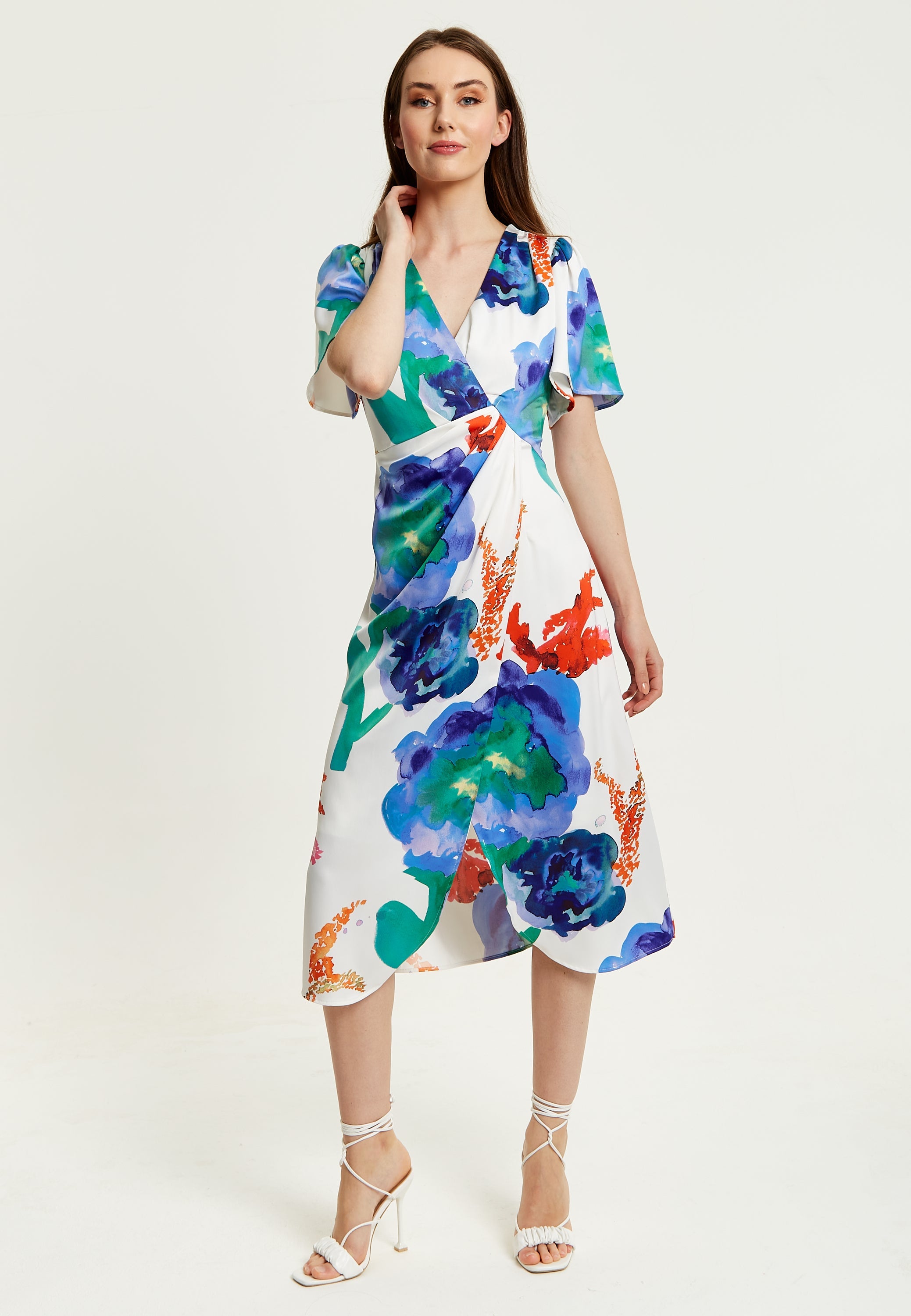 Women's Midi Wrap Dress - White Floral Print with Short Sleeves, Front Slit & Flattering Fit - Liquorish