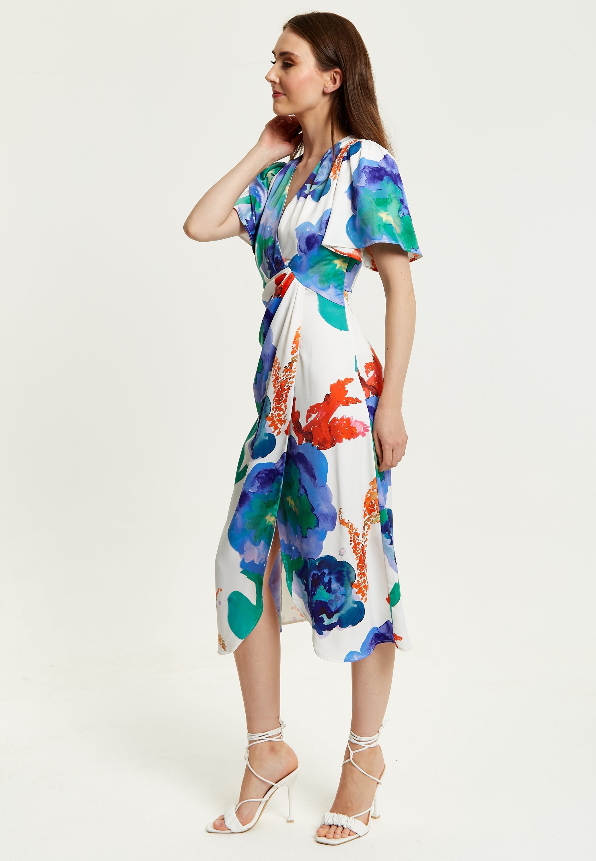 Women's Midi Wrap Dress - White Floral Print with Short Sleeves, Front Slit & Flattering Fit - Liquorish