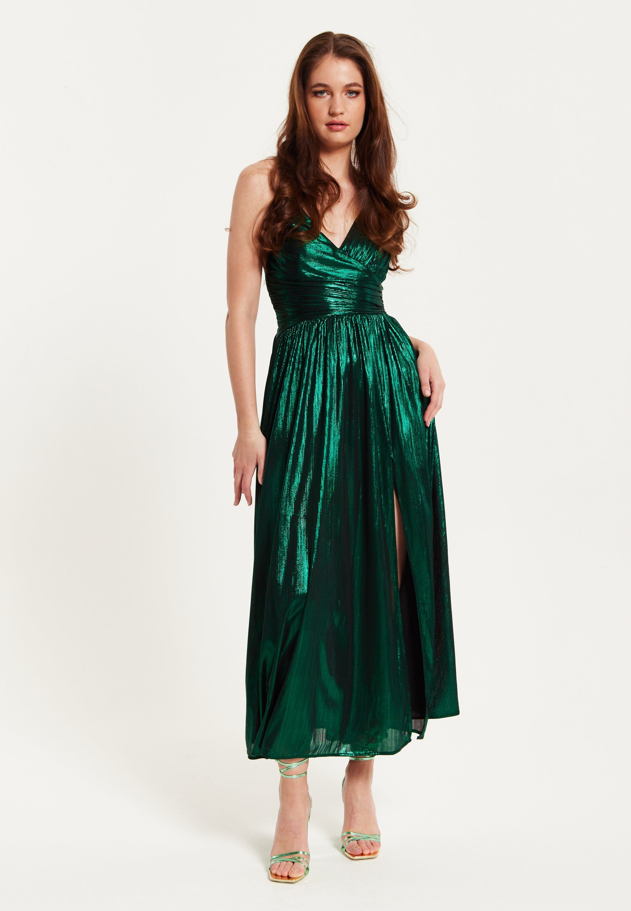 Women's Maxi Dress with Strapless Design, Side Slit, Open Back, and Green Foil Print by Liquorish