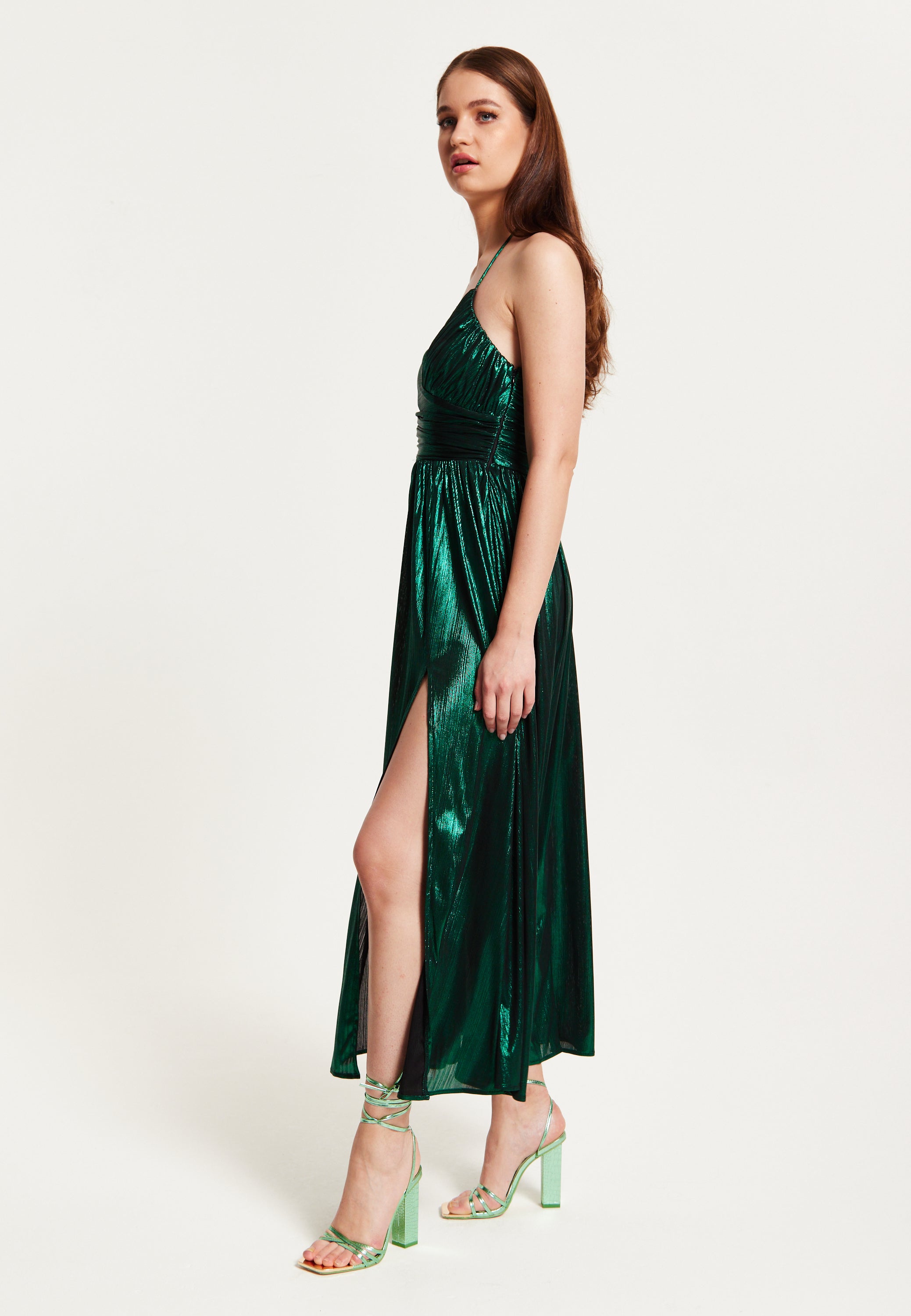 Women's Maxi Dress with Strapless Design, Side Slit, Open Back, and Green Foil Print by Liquorish