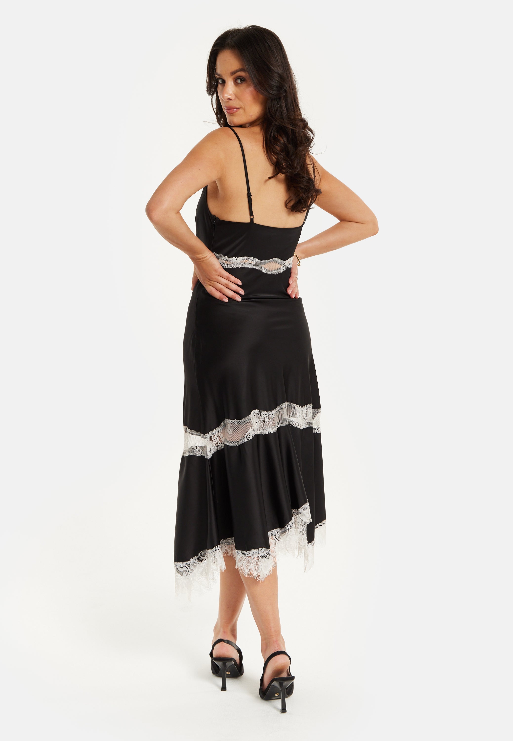 Liquorish Lace Trim Black Midi Dress