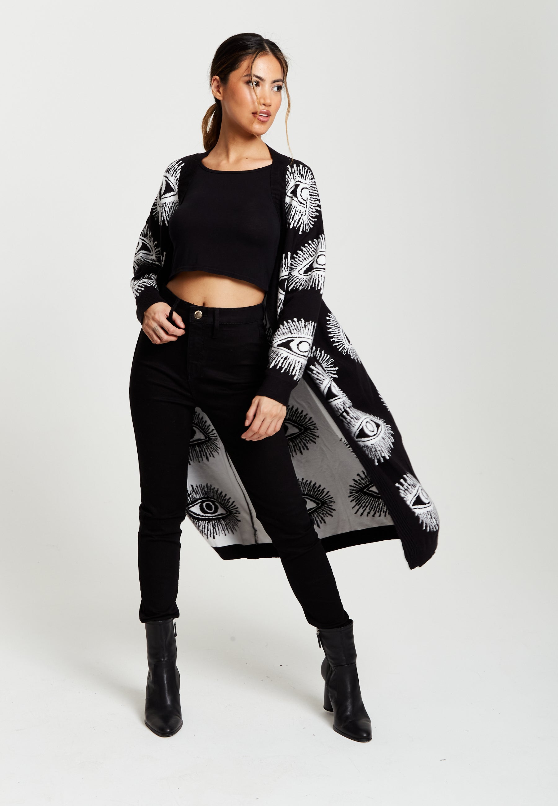 Women's Longline Black Cardigan with Eye Pattern, Open Front, Relaxed Fit - Liquorish