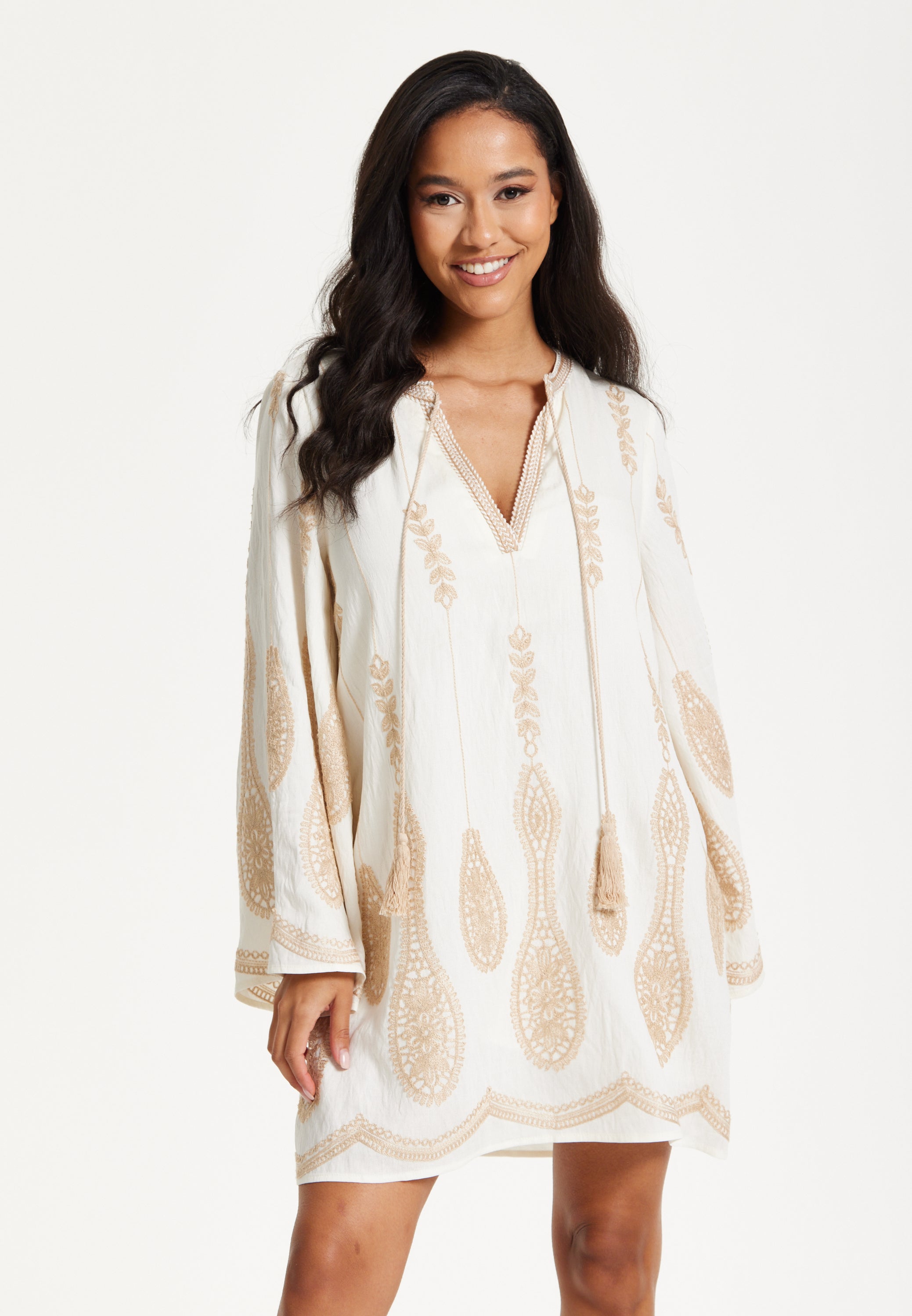 Ivory Embroidered Long Sleeve Dress