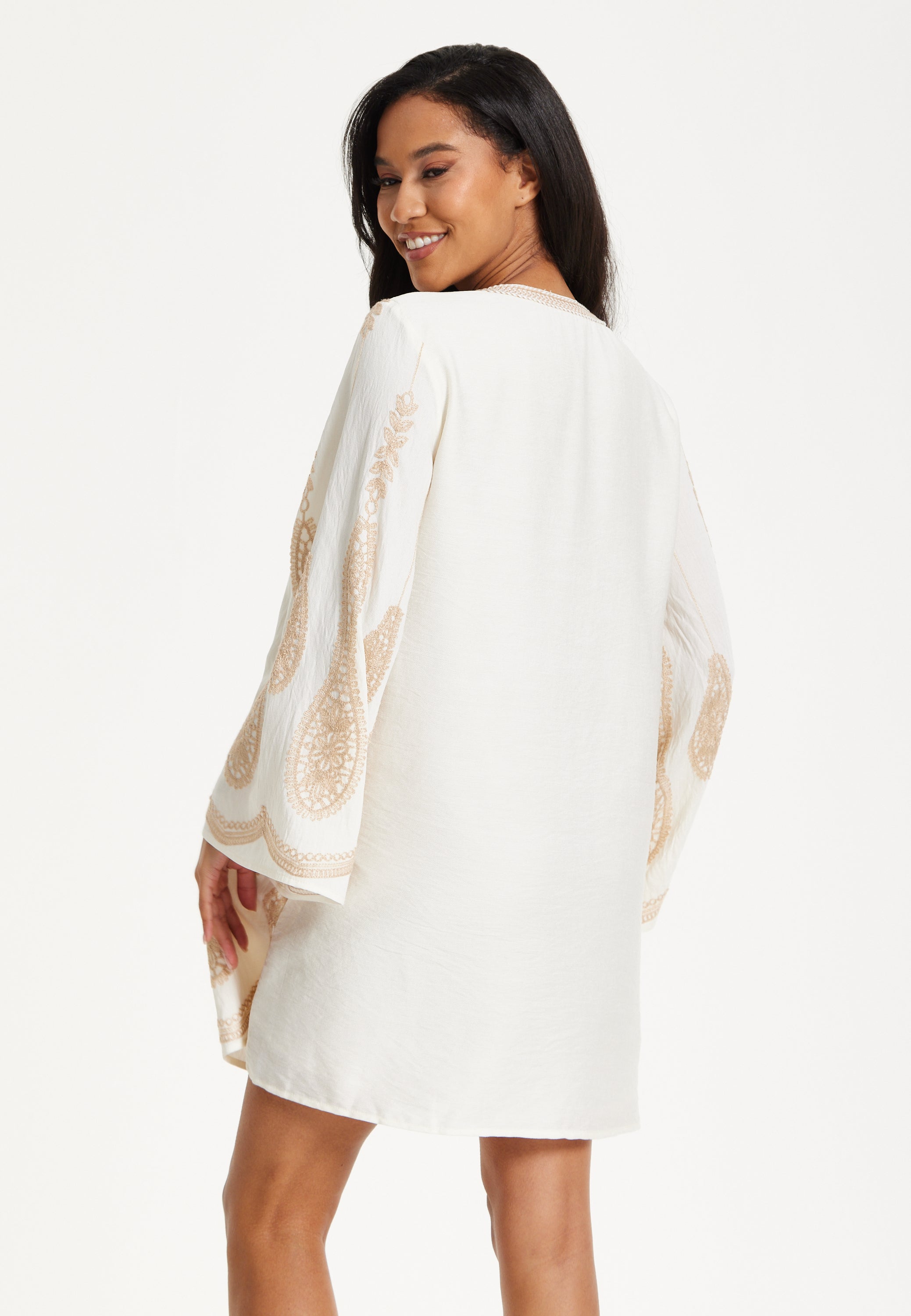 Ivory Embroidered Long Sleeve Dress