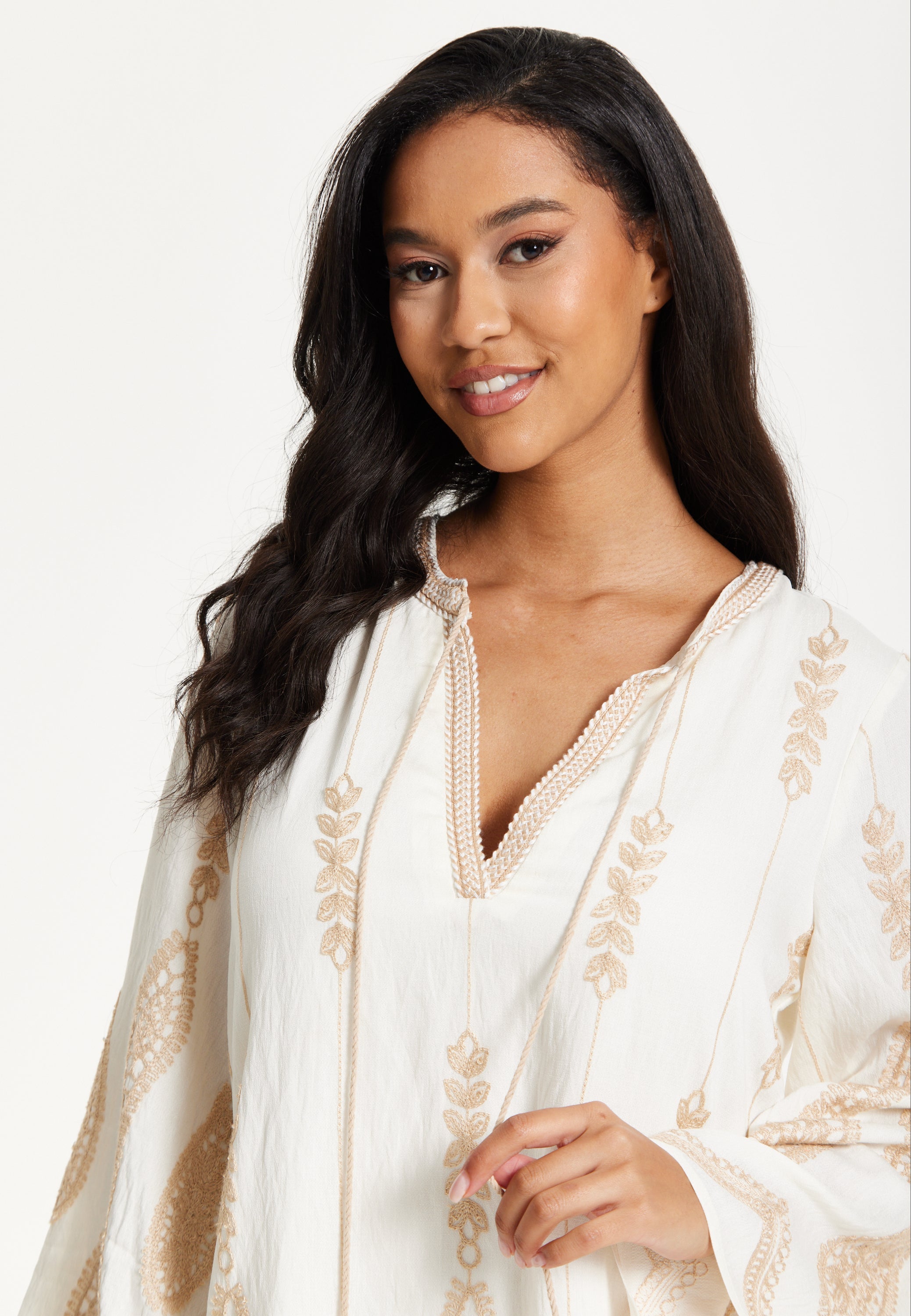 Ivory Embroidered Long Sleeve Dress
