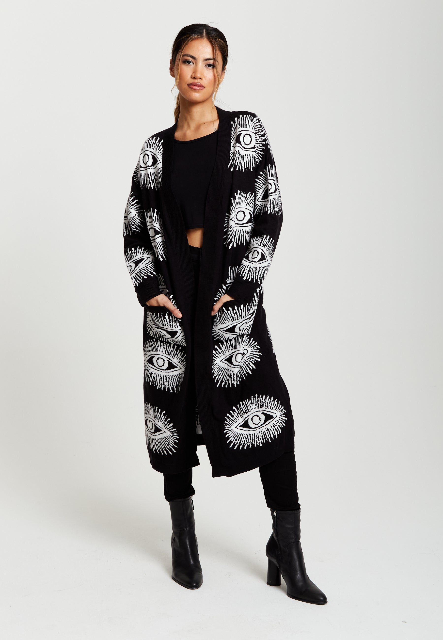 Women's Longline Black Cardigan with Eye Pattern, Open Front, Relaxed Fit - Liquorish