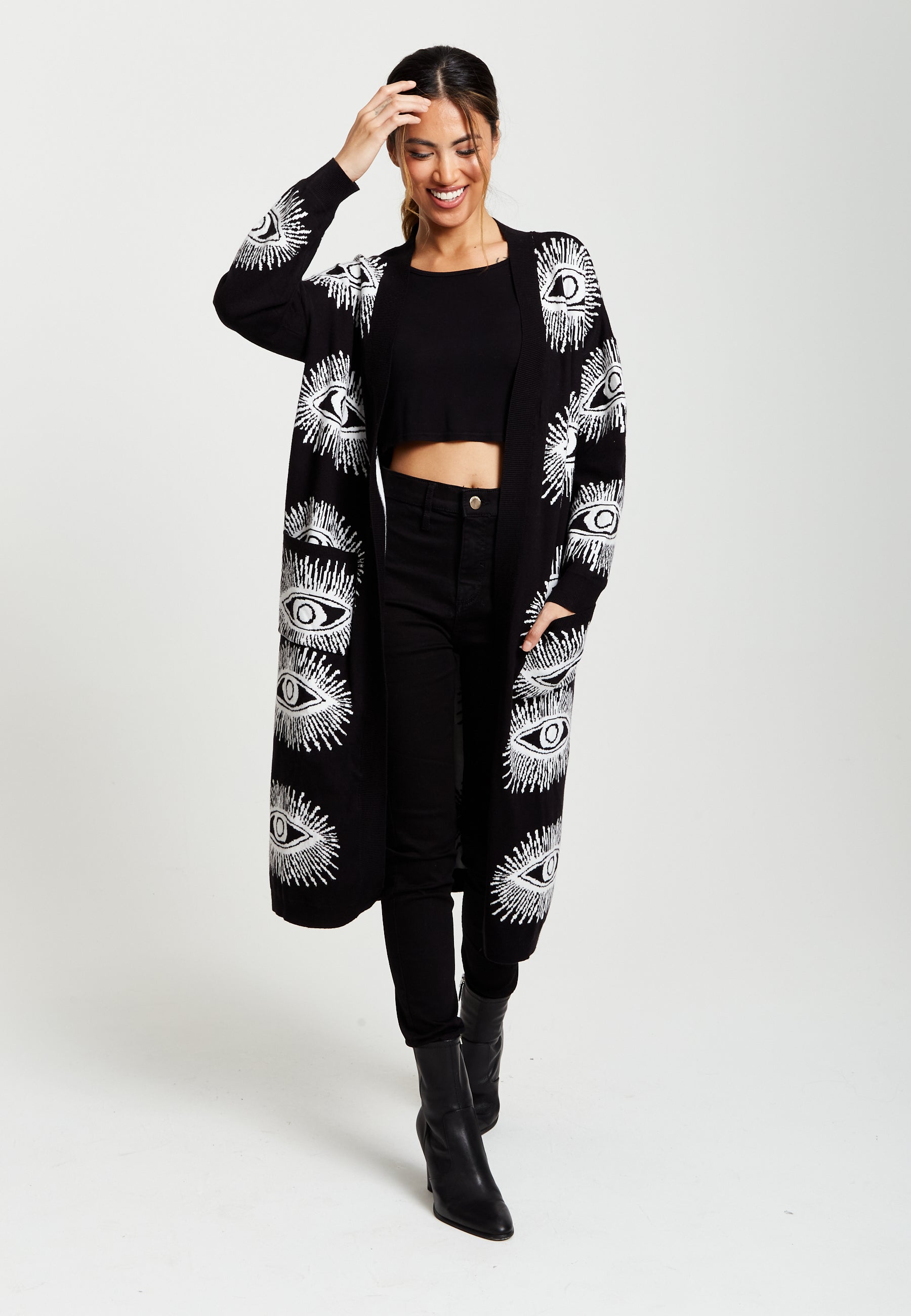 Women's Longline Black Cardigan with Eye Pattern, Open Front, Relaxed Fit - Liquorish