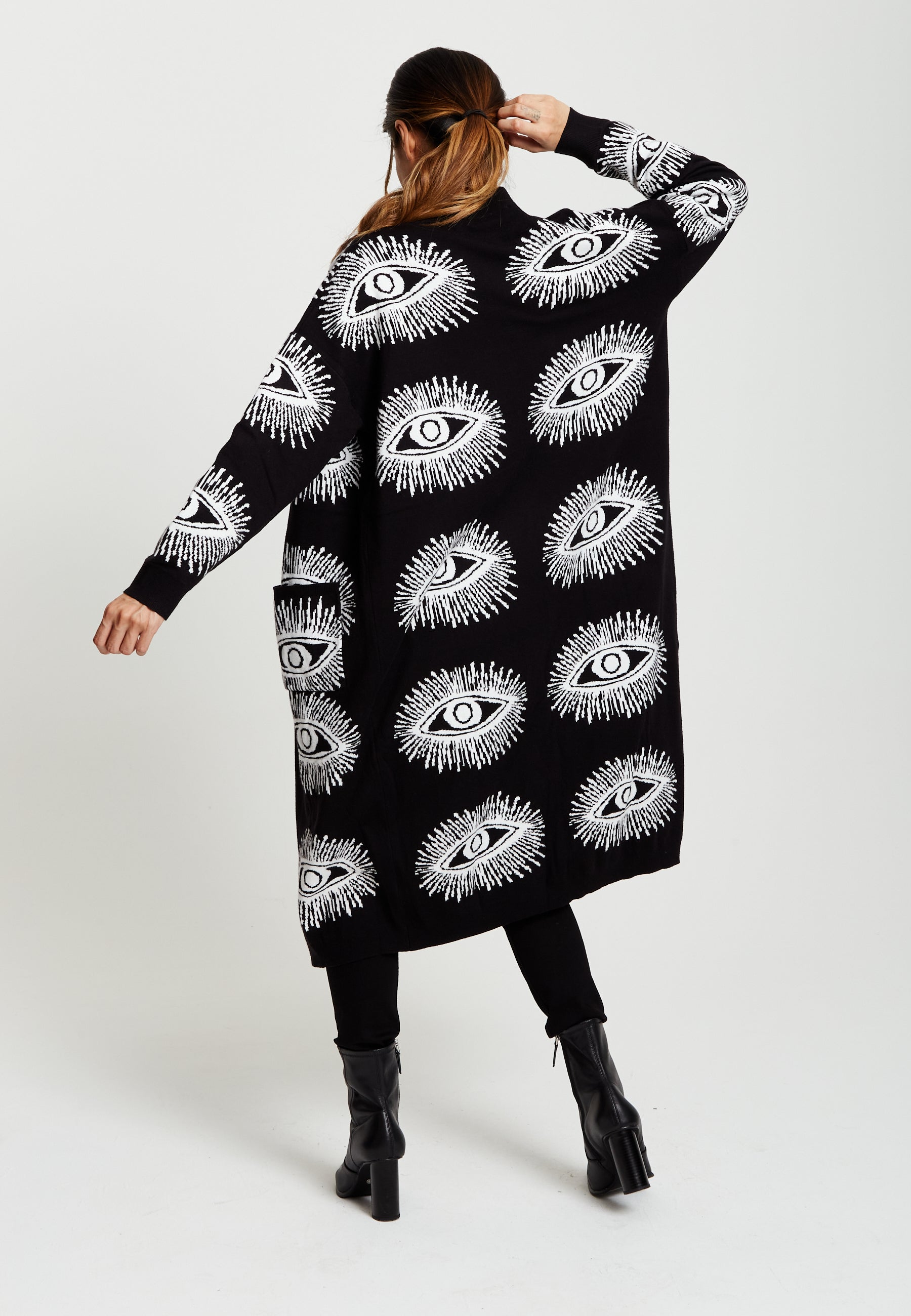Women's Longline Black Cardigan with Eye Pattern, Open Front, Relaxed Fit - Liquorish