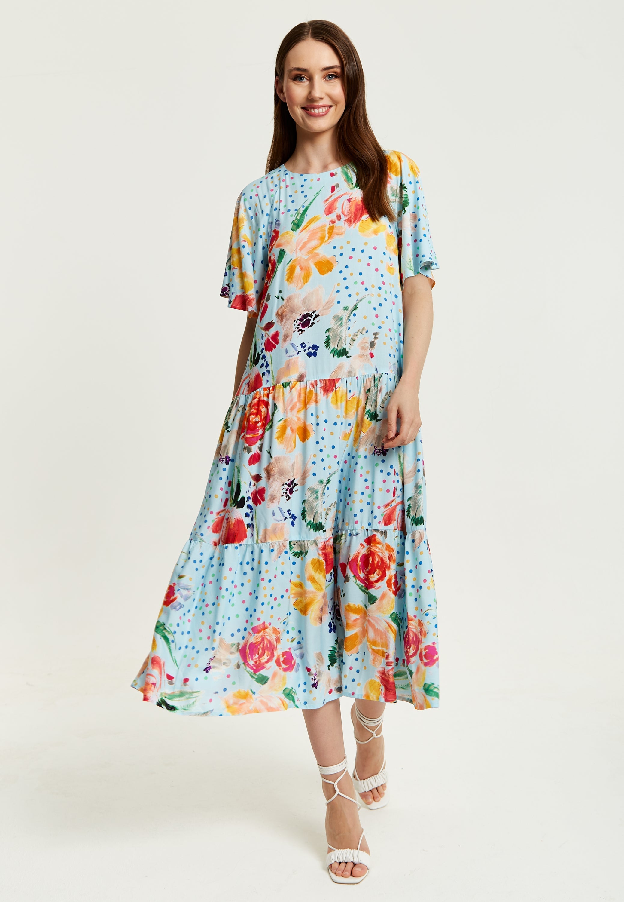 Women's Maxi Dress - Relaxed Fit Blue Floral Print Midi Smock Dress with Short Sleeves - Perfect Summer Style by Liquorish