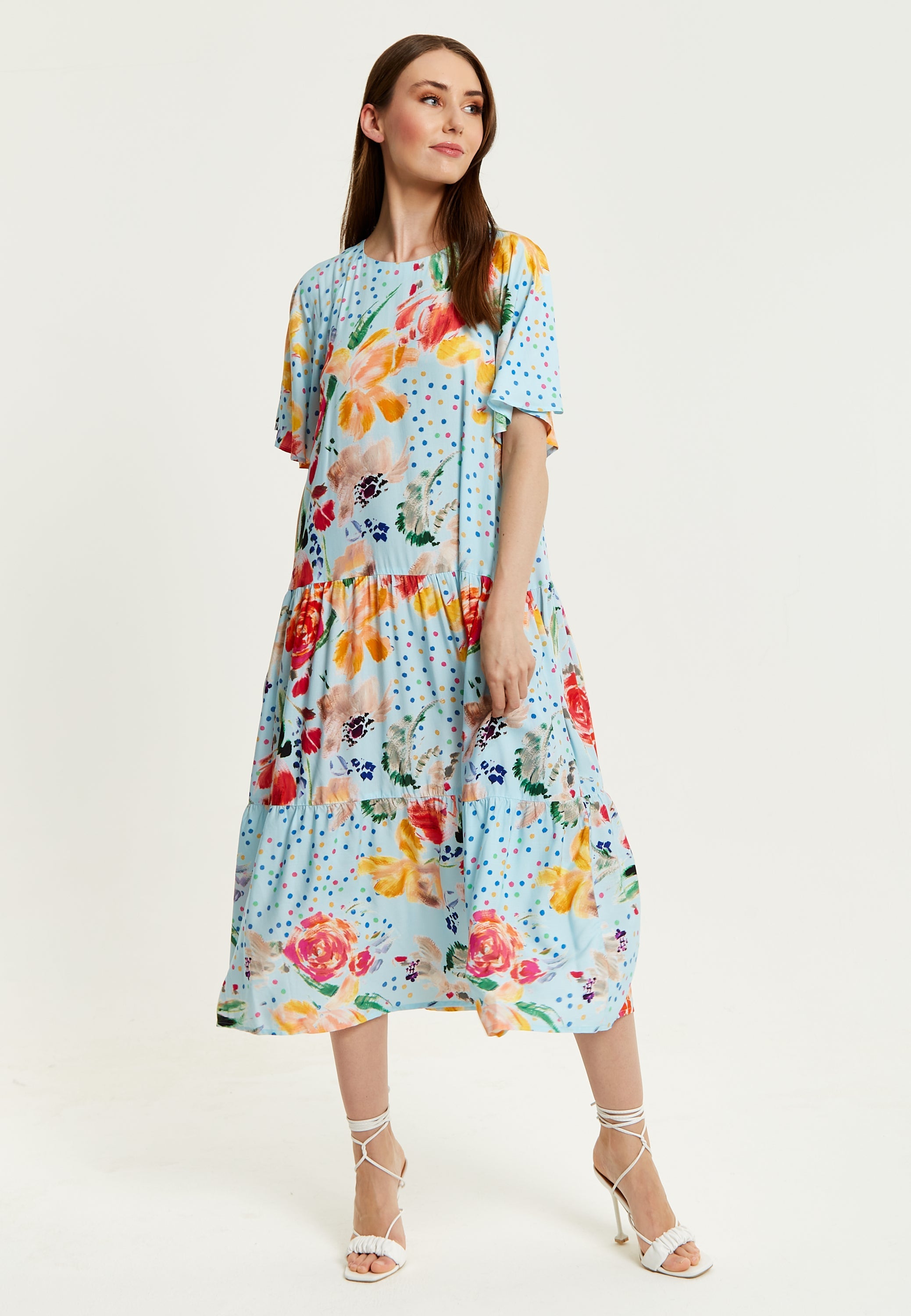 Women's Maxi Dress - Relaxed Fit Blue Floral Print Midi Smock Dress with Short Sleeves - Perfect Summer Style by Liquorish