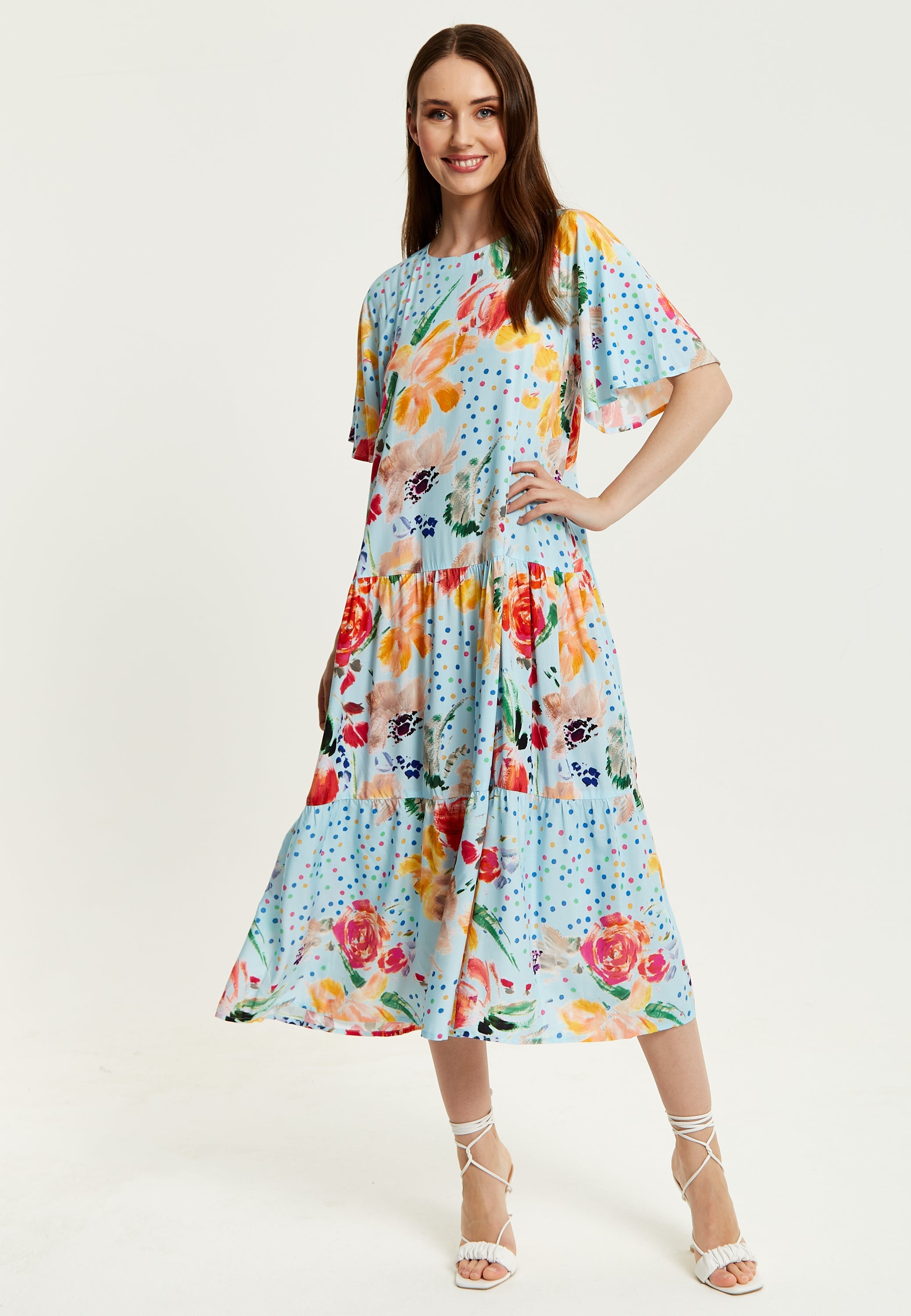 Women's Maxi Dress - Relaxed Fit Blue Floral Print Midi Smock Dress with Short Sleeves - Perfect Summer Style by Liquorish