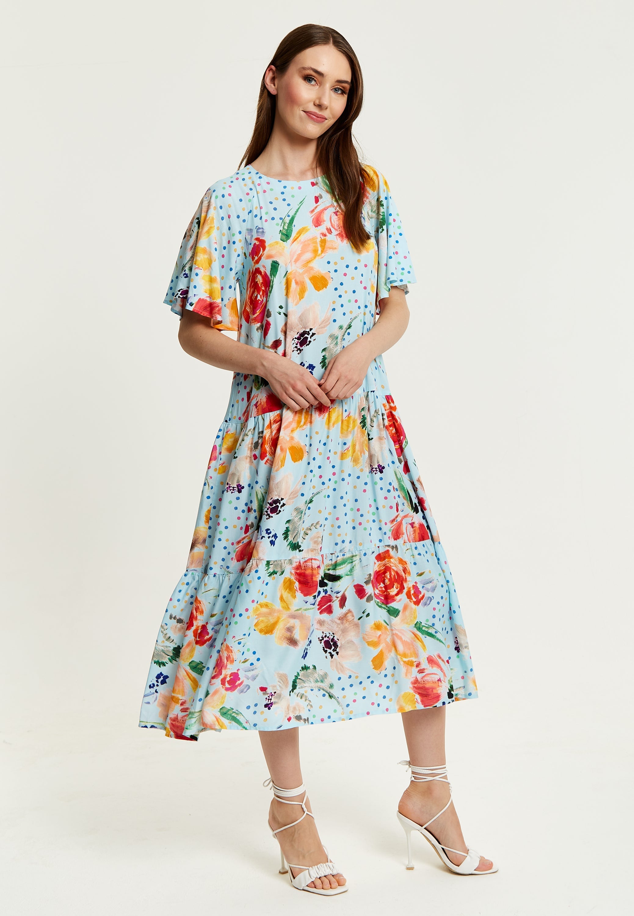 Women's Maxi Dress - Relaxed Fit Blue Floral Print Midi Smock Dress with Short Sleeves - Perfect Summer Style by Liquorish