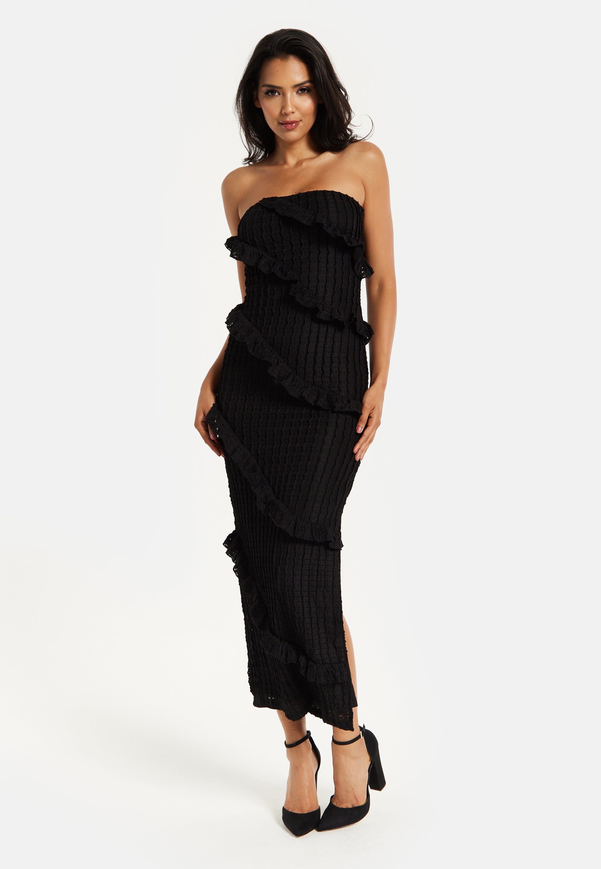 Women's Maxi Dress with Off-Shoulder Design, Diagonal Frilled Slit Detail in Classic Black
